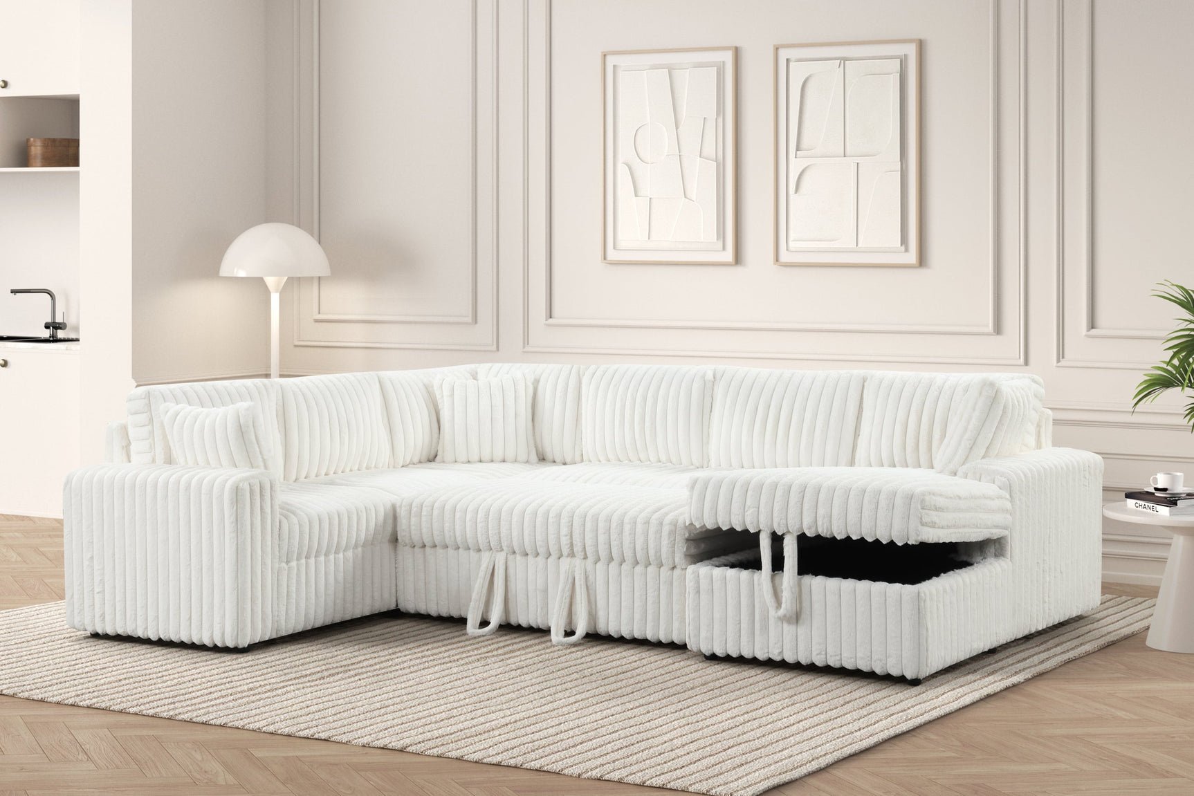 Side view of Forever beige fabric sectional sofa showing chaise