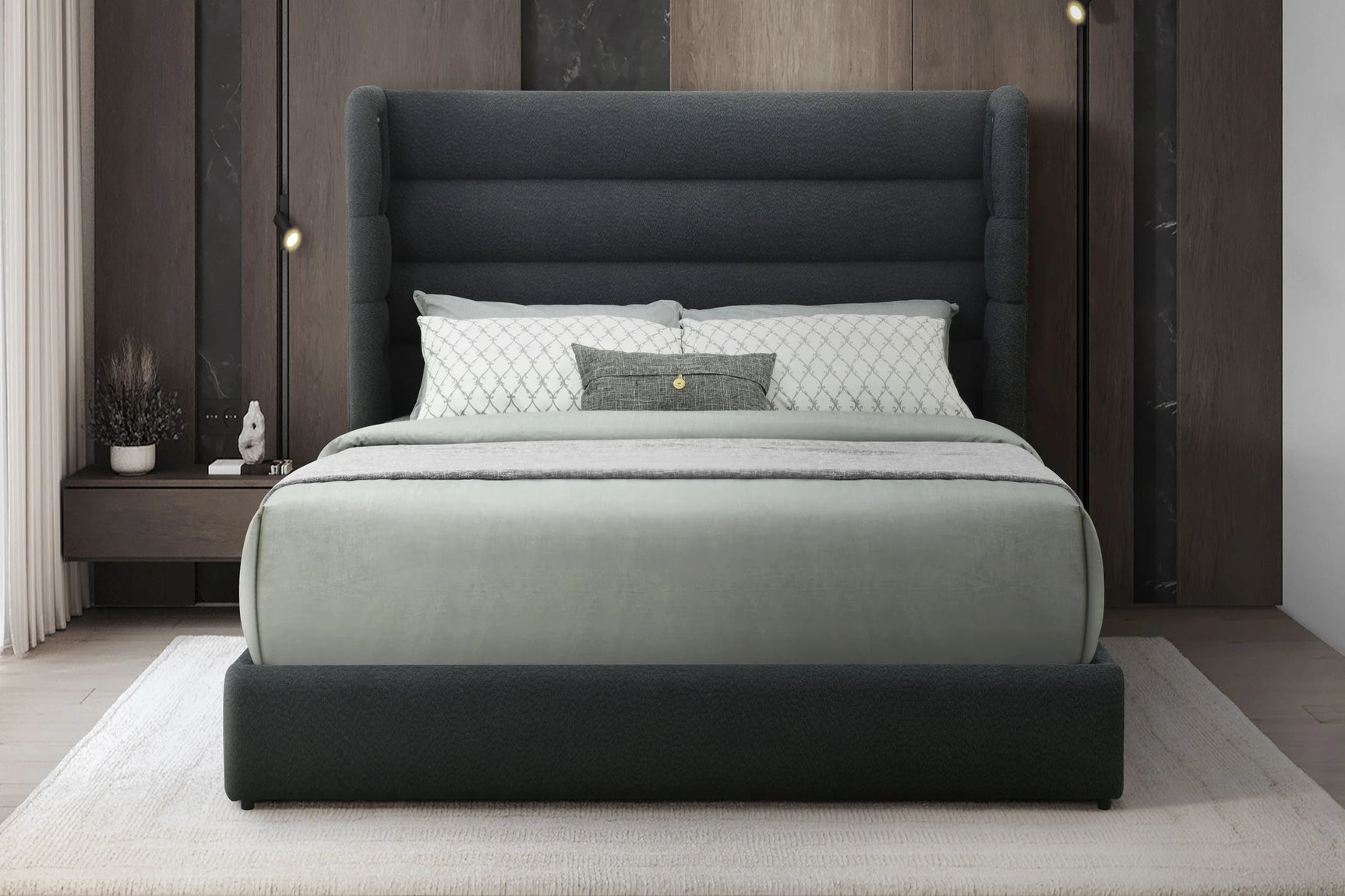 Hero Black Upholstered Platform Queen Bed angled view