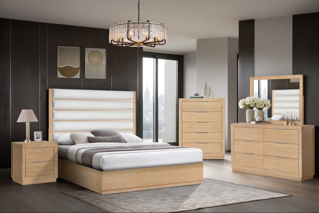 Oslo light brown upholstered panel bedroom set bed front view