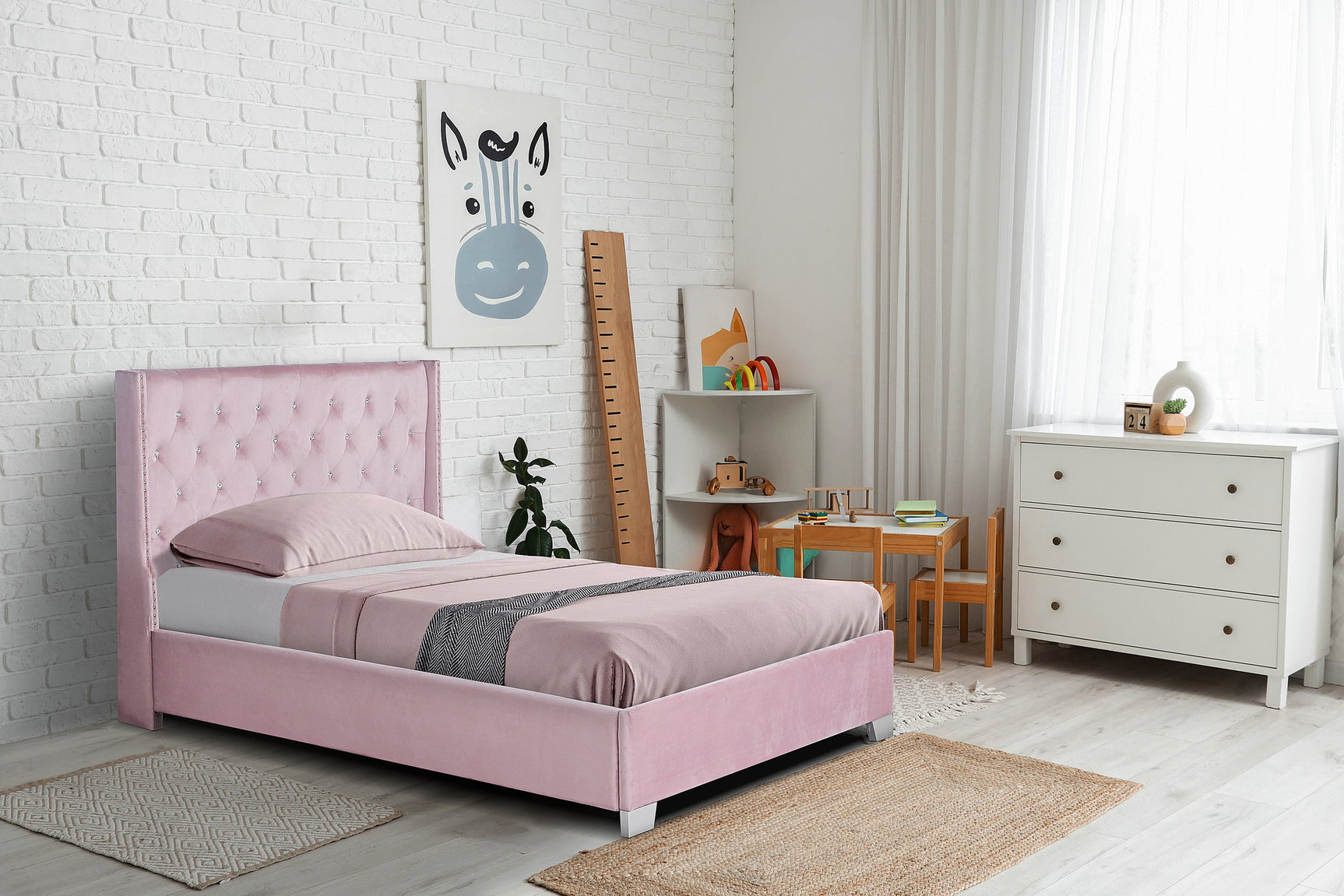 Diamond Pink Velvet Upholstered Twin Panel Bed close-up of headboard