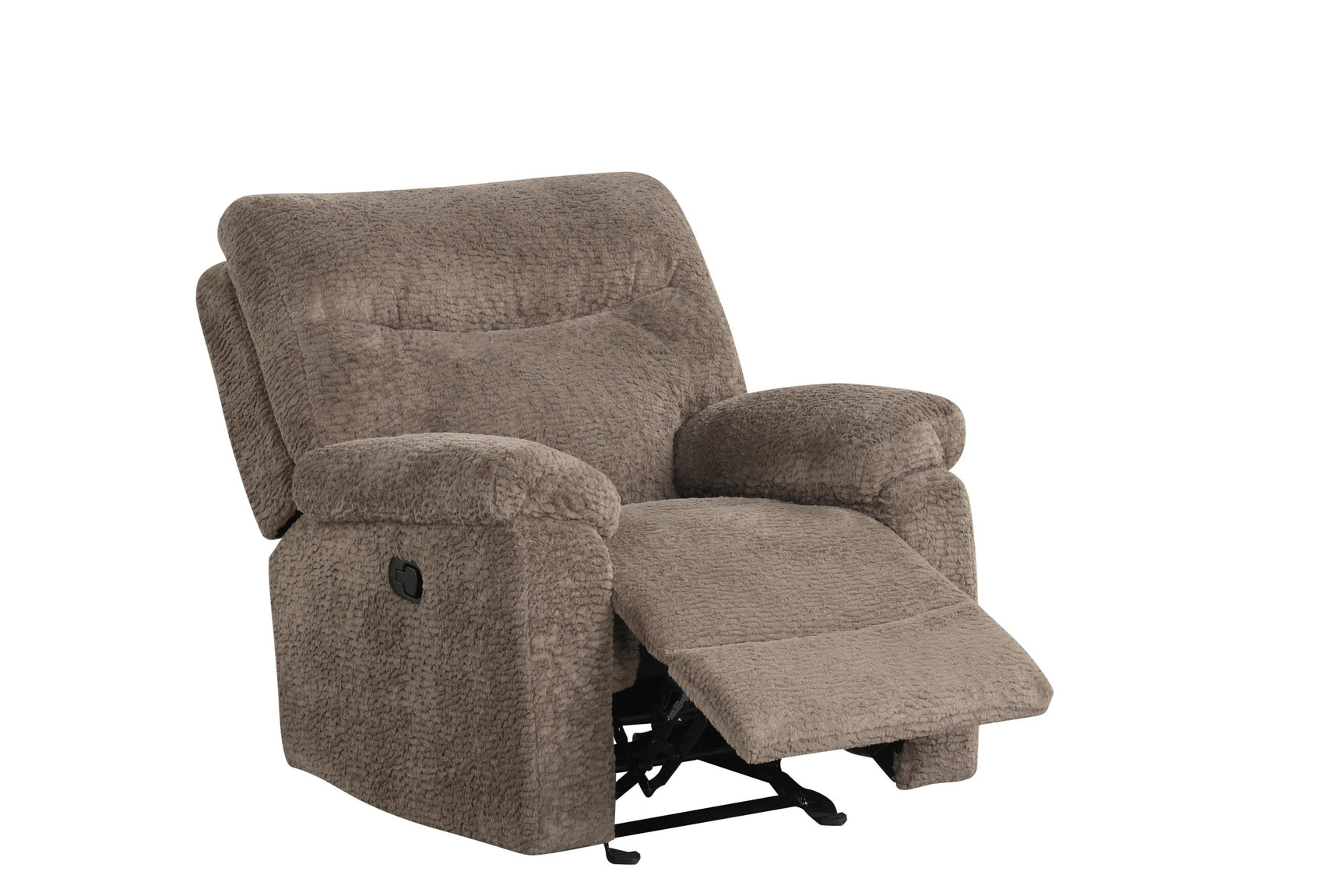 Recliner mechanism pulled out on mocha teddy bear fabric chair