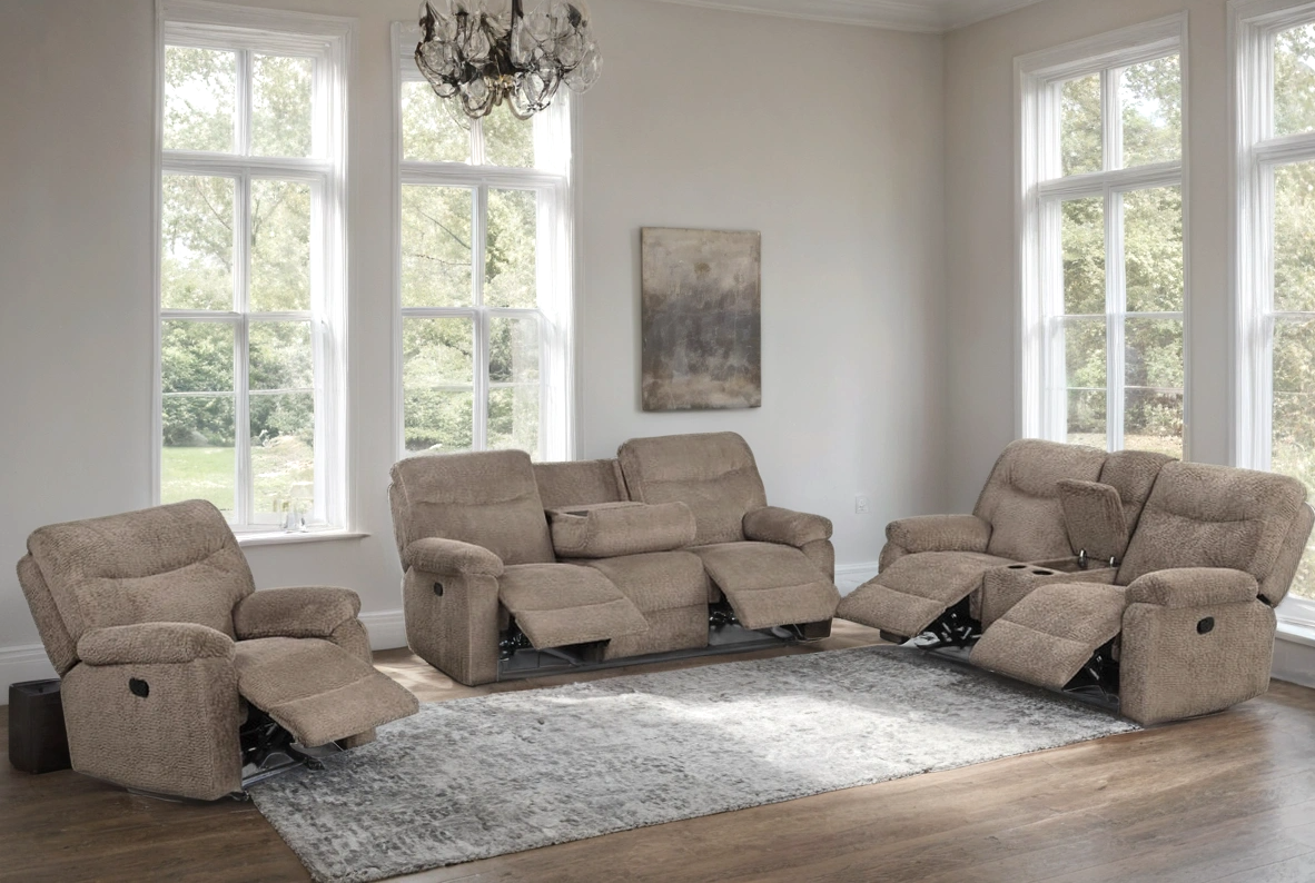 Set of three seating pieces: sofa, loveseat, and recliner in mocha teddy bear fabric