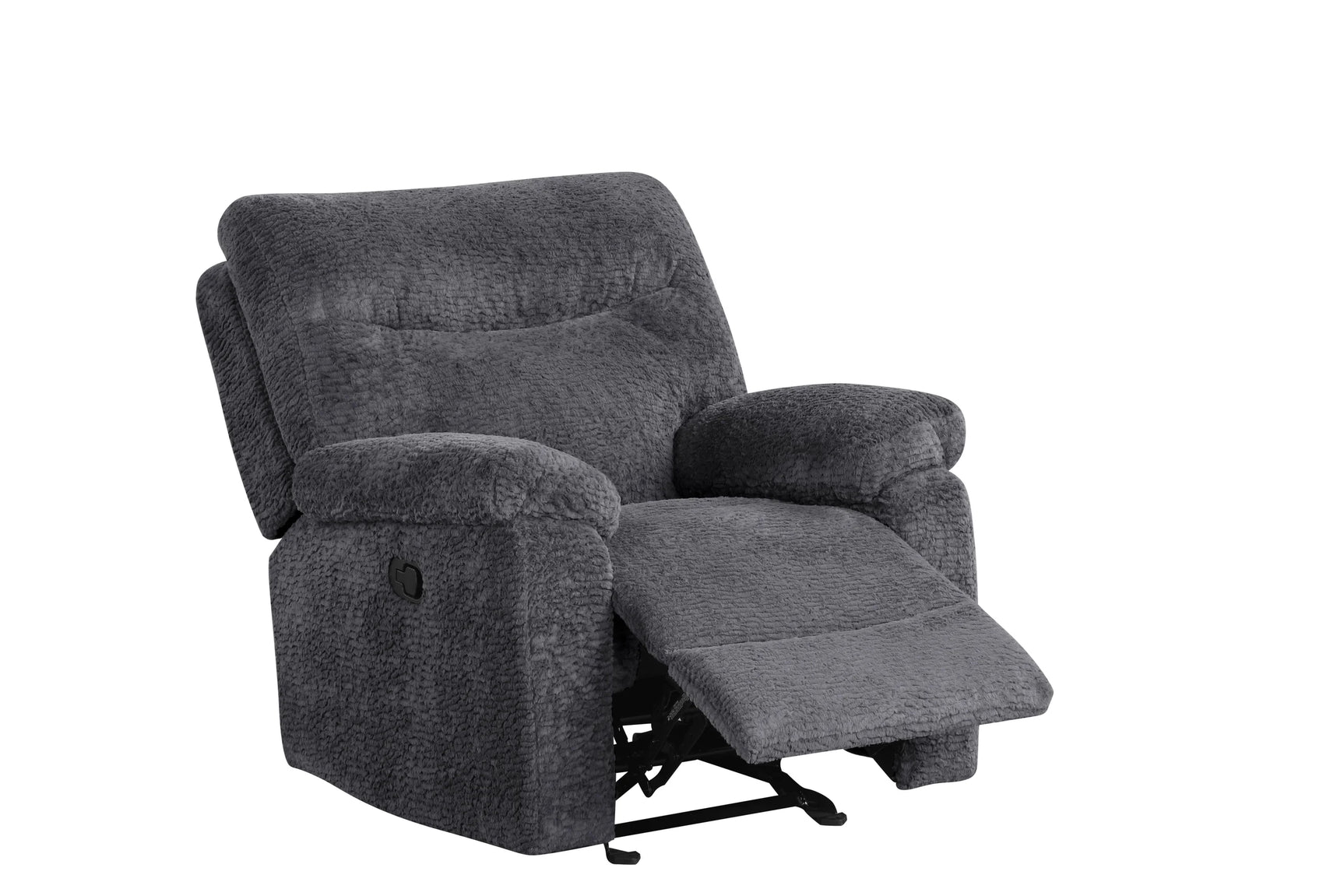 Full living room setup with Bravo reclining sofa set in dark gray teddy bear fabric