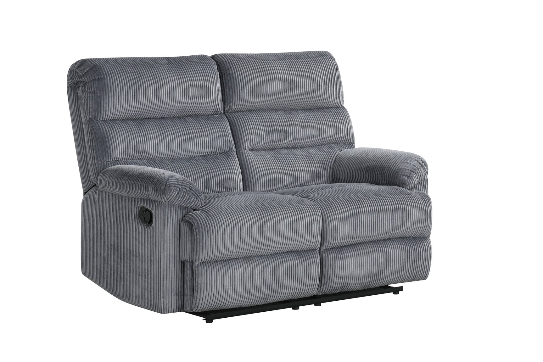 Reclining mechanism on gray fabric sofa