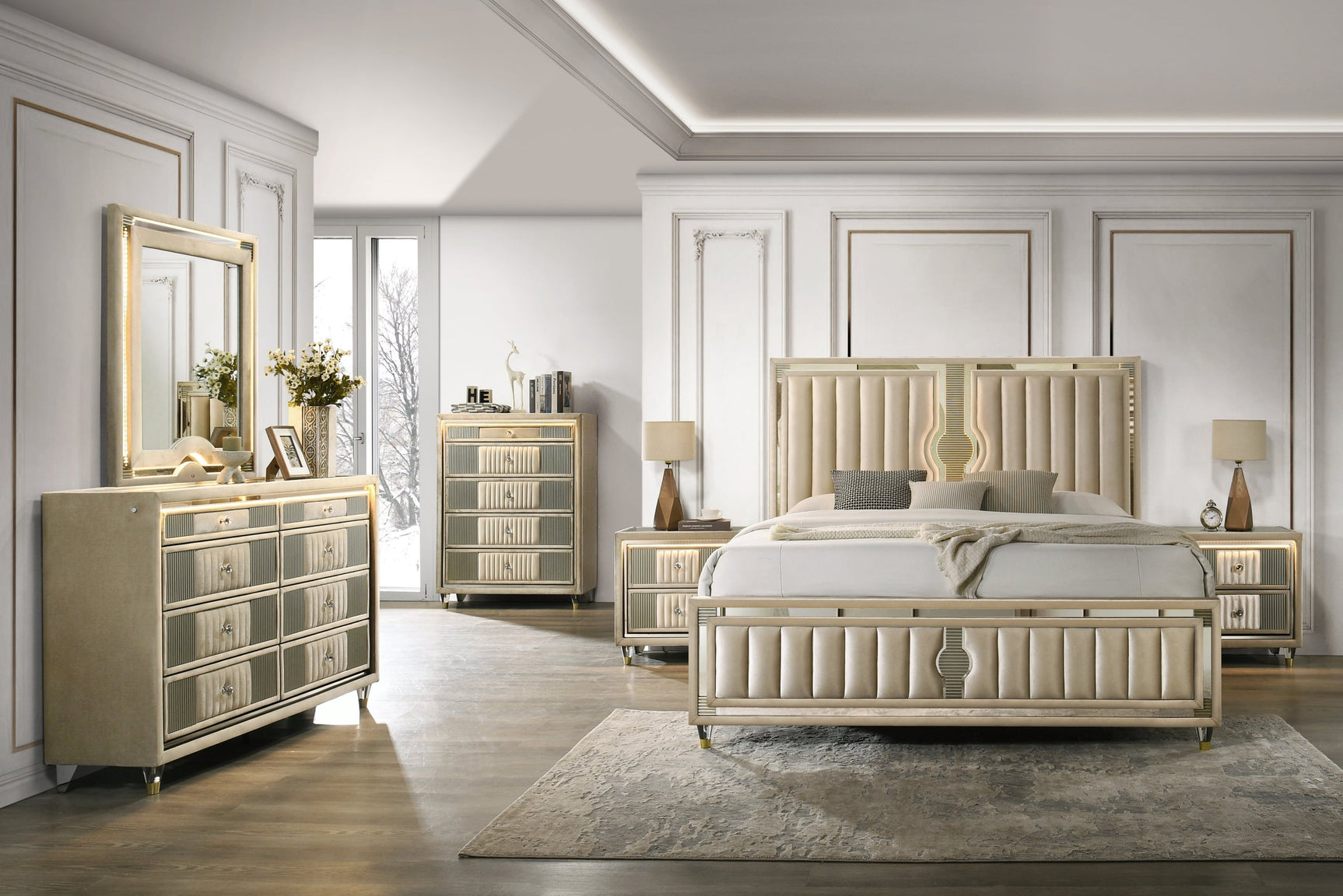 Venetian Champagne Upholstered LED Platform Bedroom Set bed side angle
