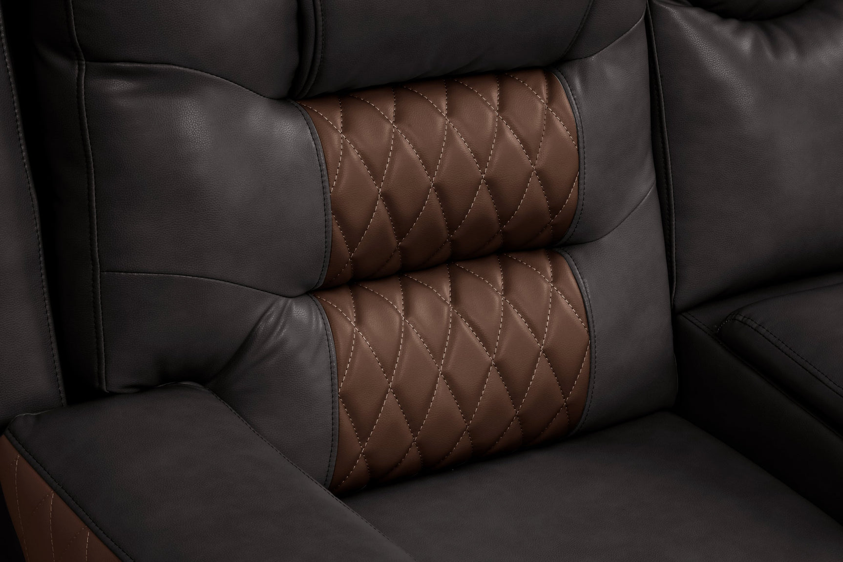 Closeup of two-tone brown leather gel upholstery on Jordon sectional