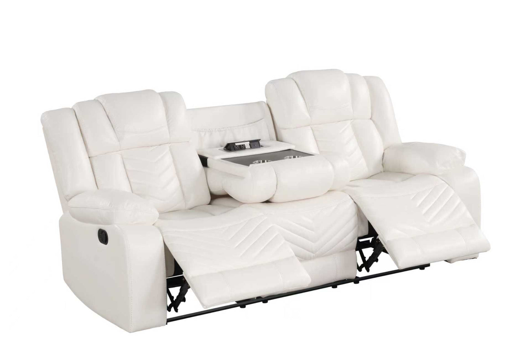 White leather gel reclining loveseat with Bluetooth speaker