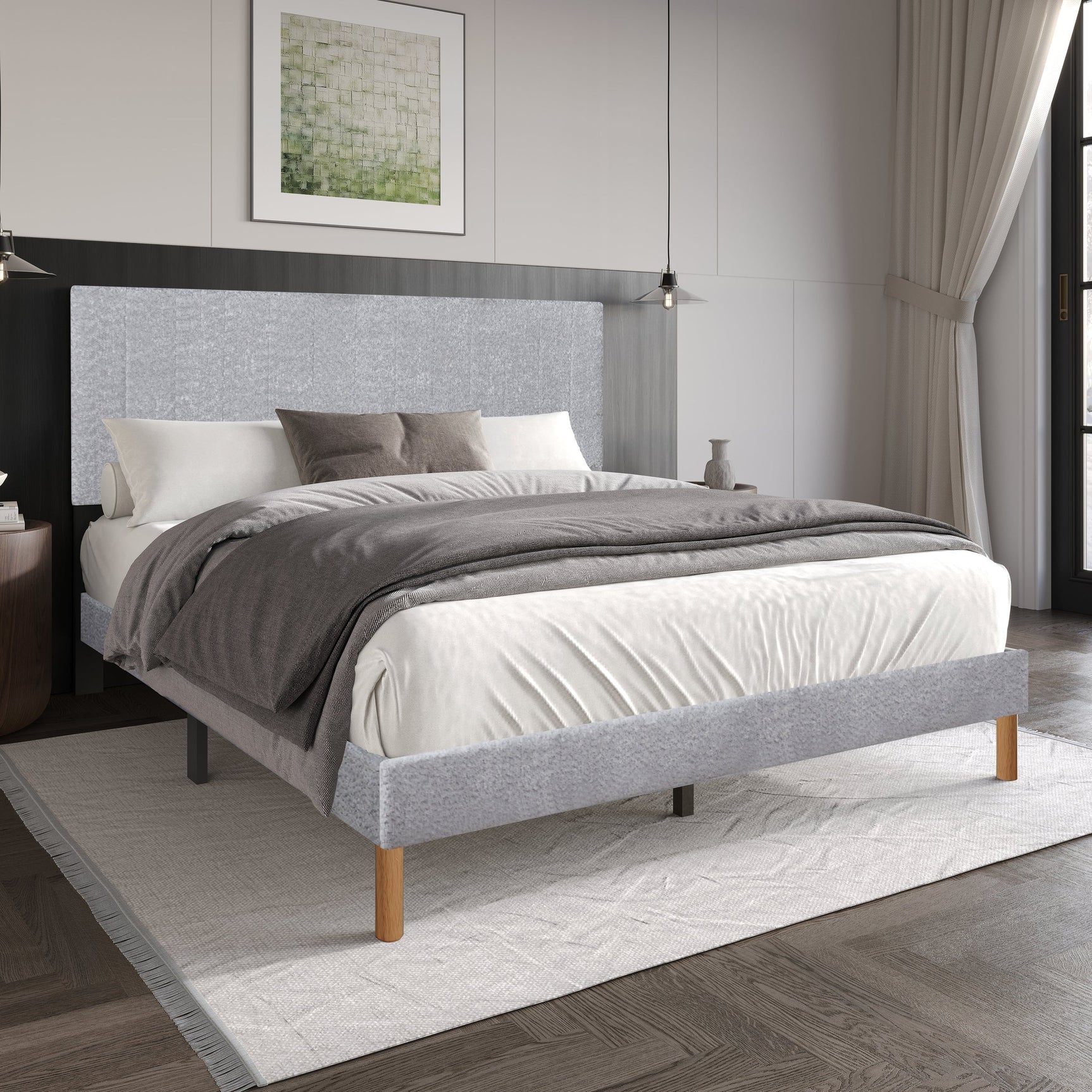 Heiden Light Gray Upholstered Platform Full Bed