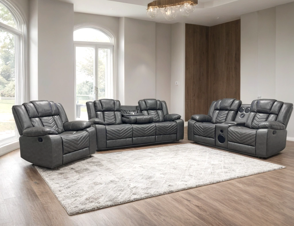 Ace Gray gel leather loveseat with Bluetooth speaker side view