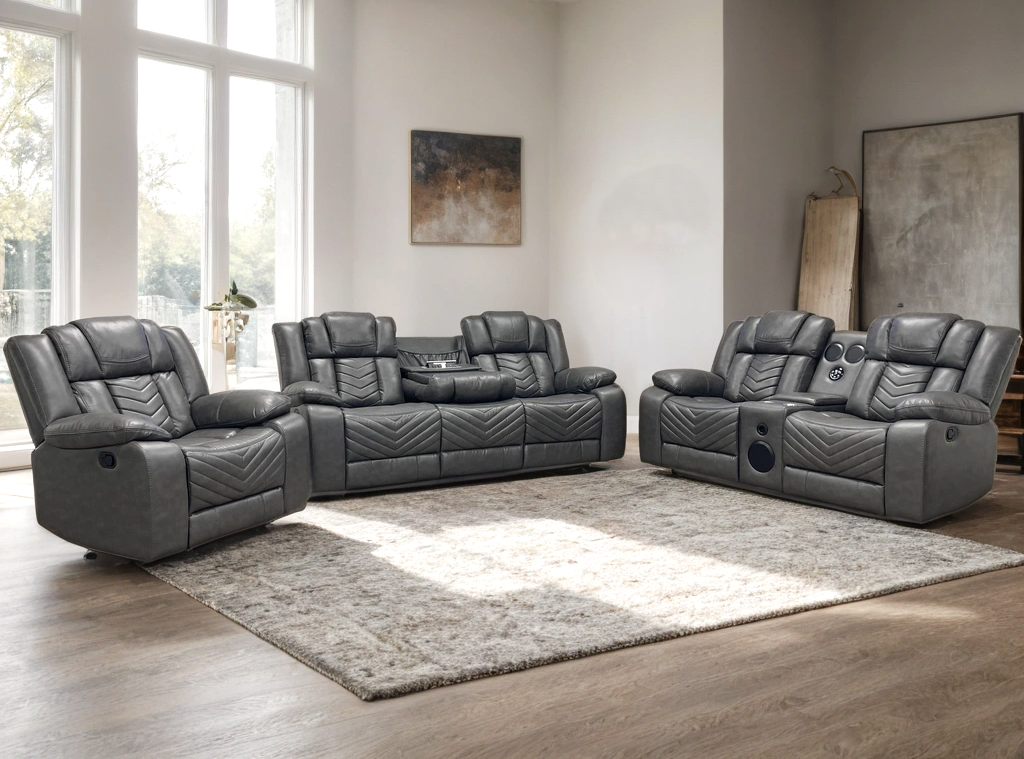 Ace Gray gel leather sofa drop-down table with cup holders open
