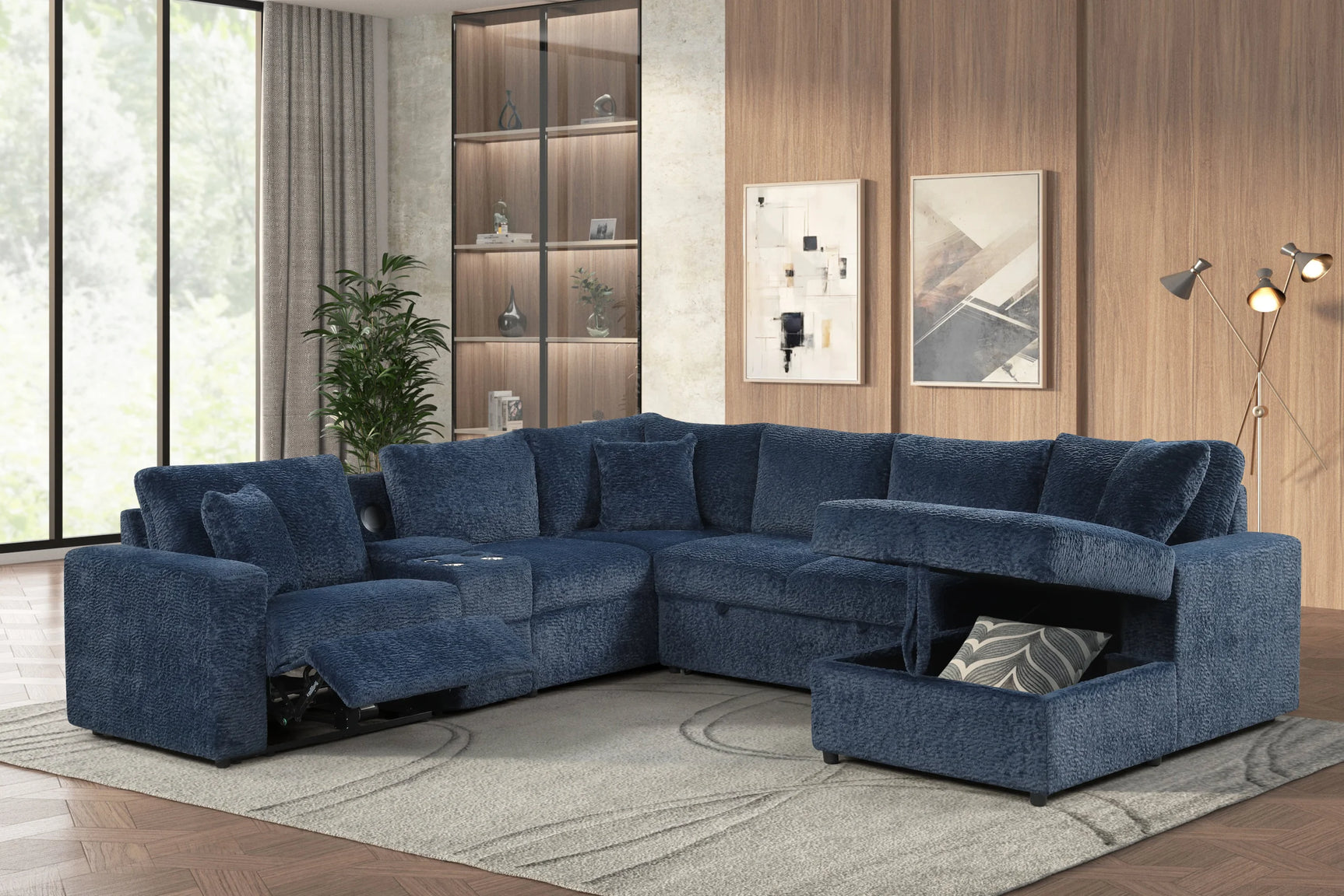 Side view of Hunter Blue fabric sectional sofa