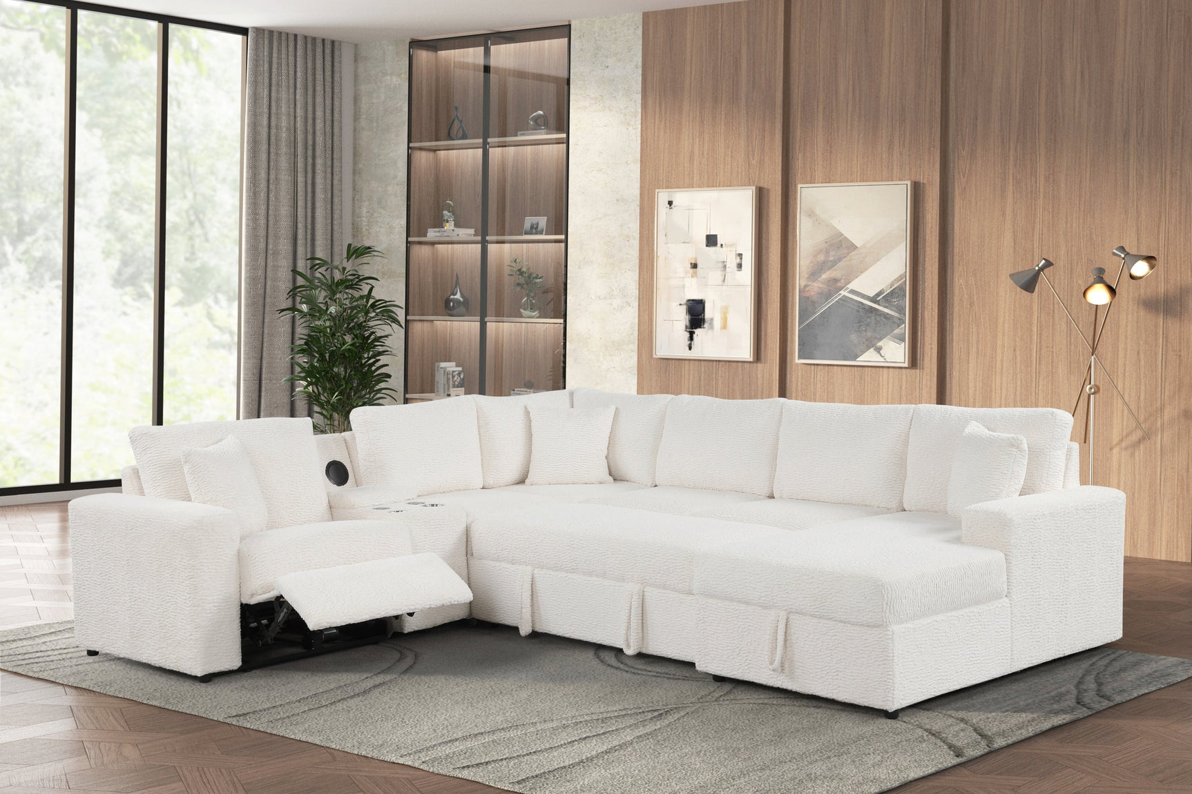 Close-up detail of Hunter White Fabric upholstery and Bluetooth speaker control