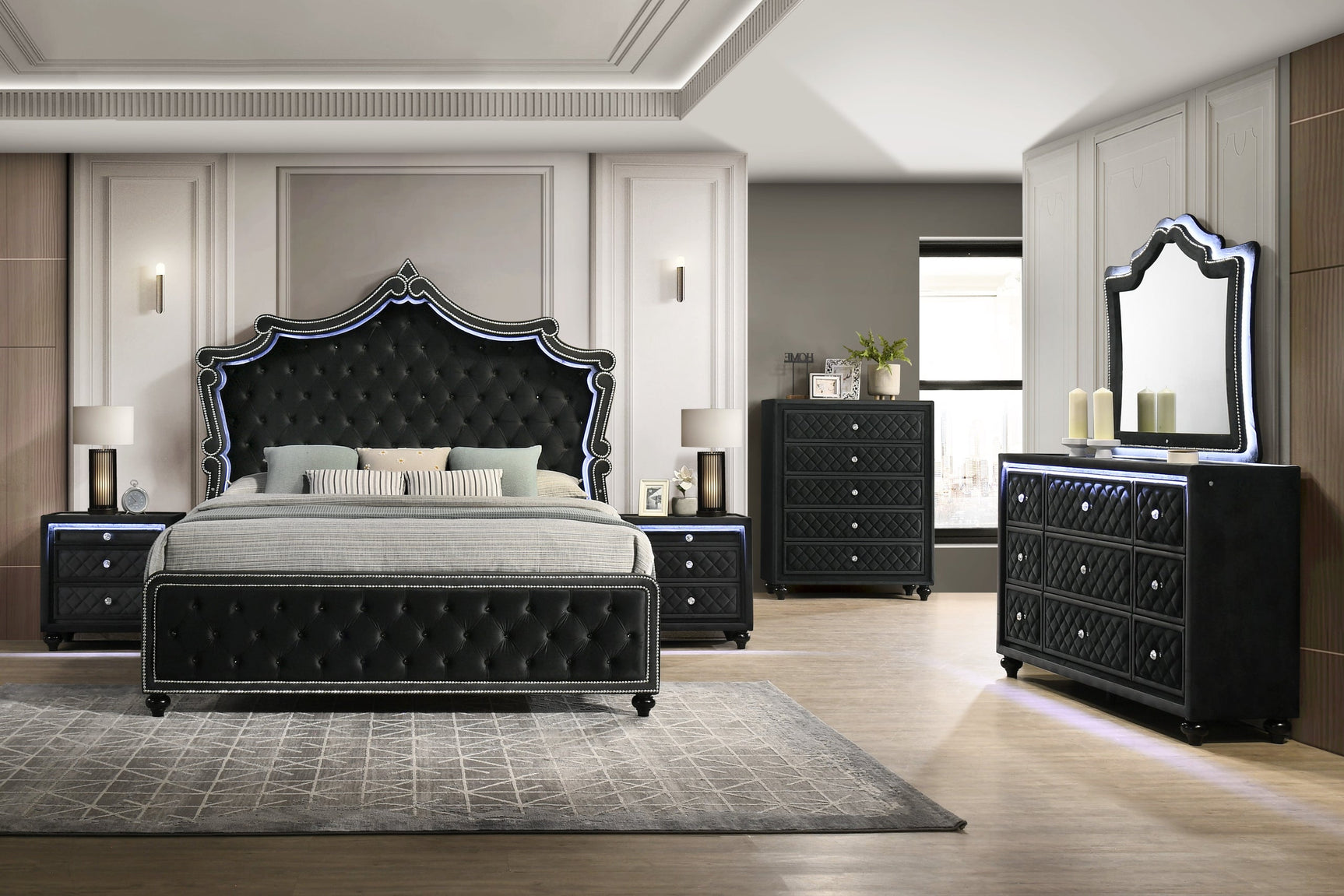 side view of KKingdom Black LED Upholstered Tufted Panel Bedroom Set bed