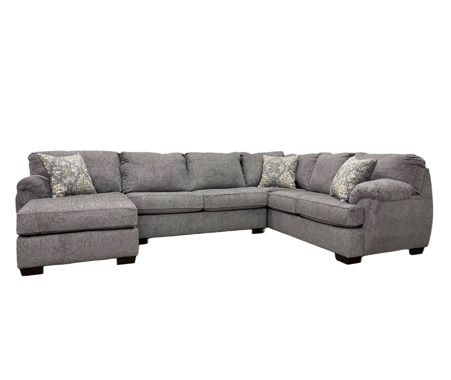 Living room display with Brentwood Gray Chenille sectional sofa