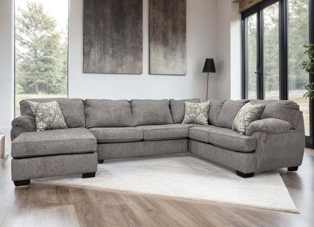 Front view of Brentwood Gray Chenille sectional sofa with chaise