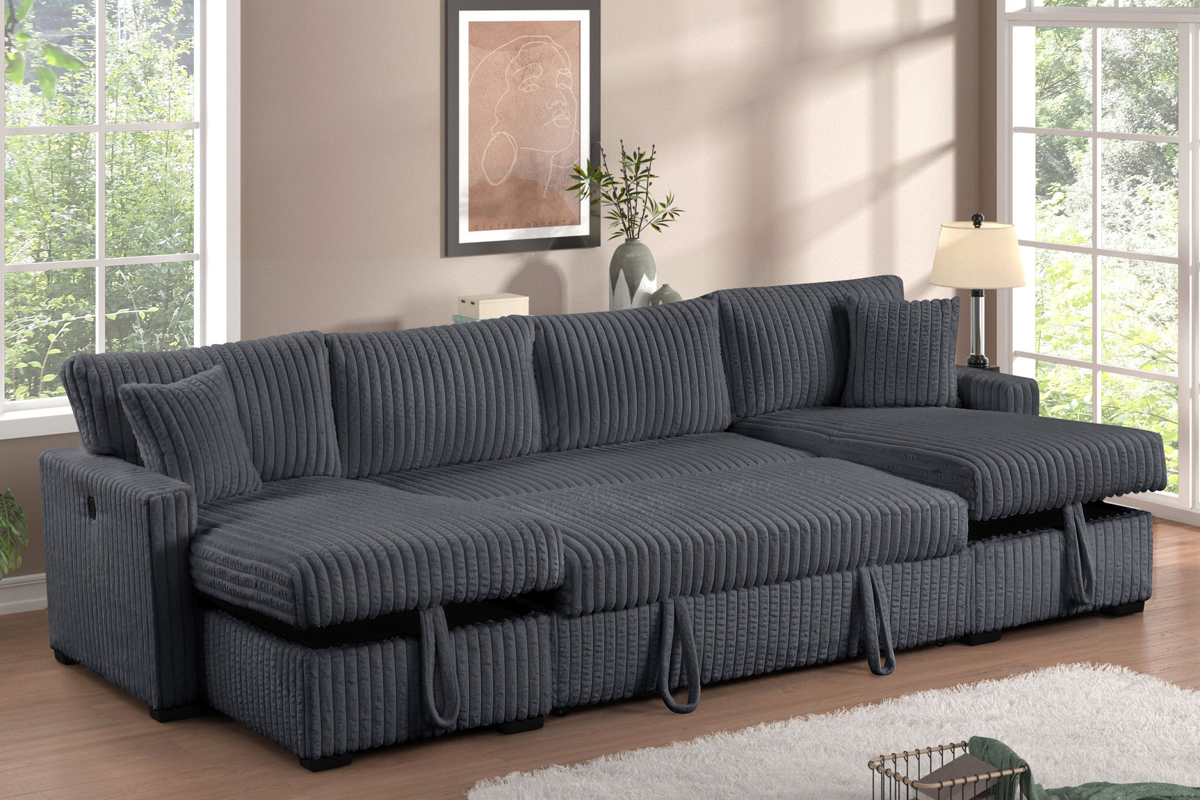 Side view of July Charcoal Double Storage Chaise Sectional sofa