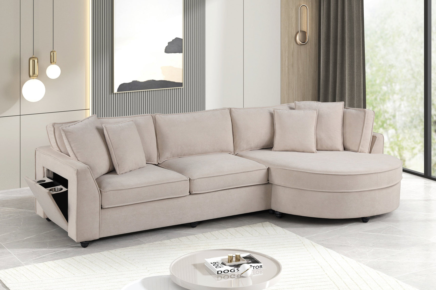 Side view of Elva Beige Sectional Sofa showcasing reversible chaise and storage features