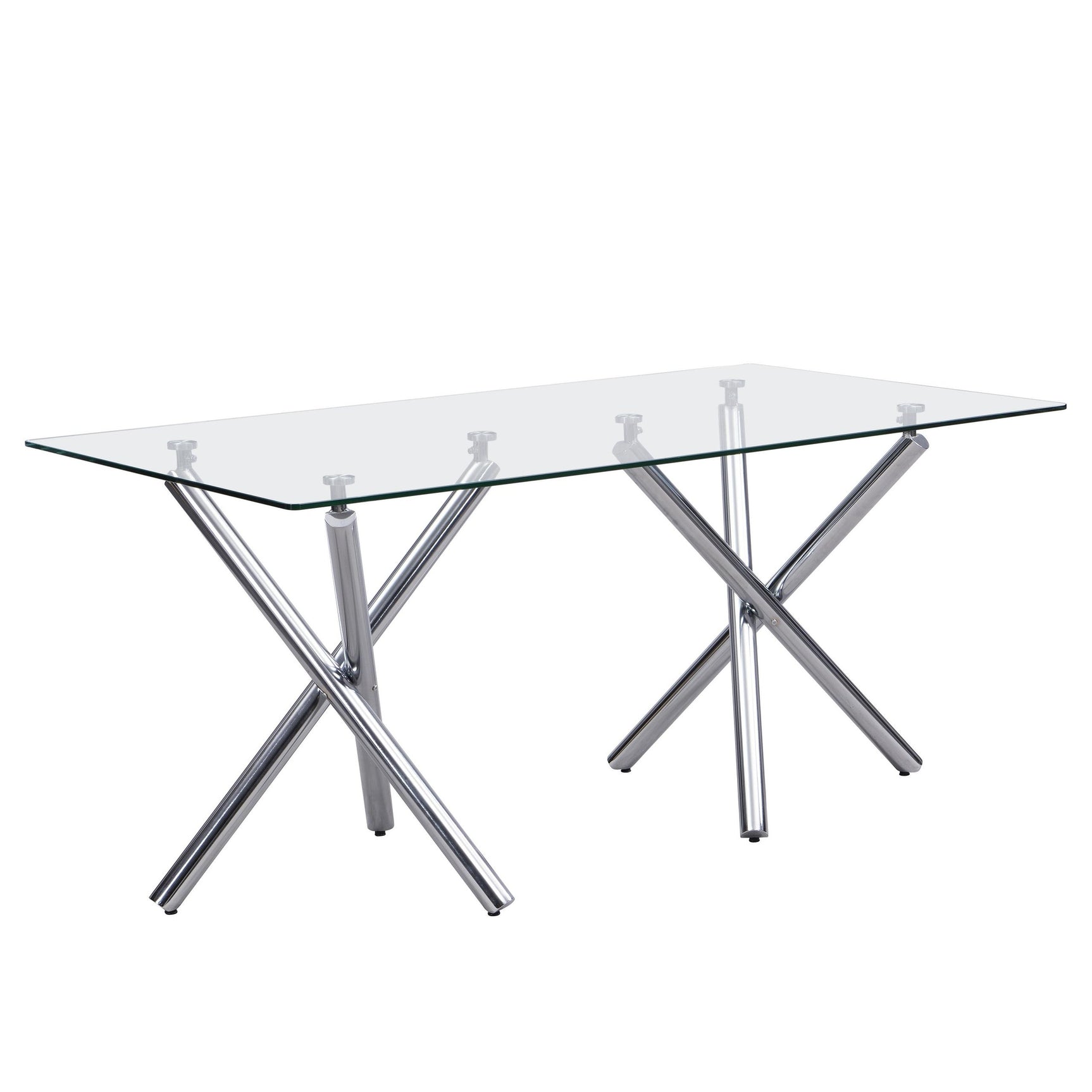 Side angle of Dani white glass dining table with six chairs