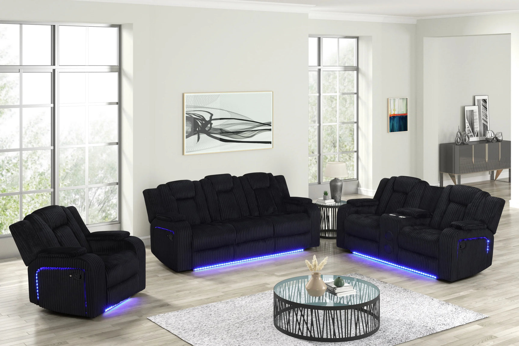 Close-up of reclining sofa arm with cup holders and LED reading light