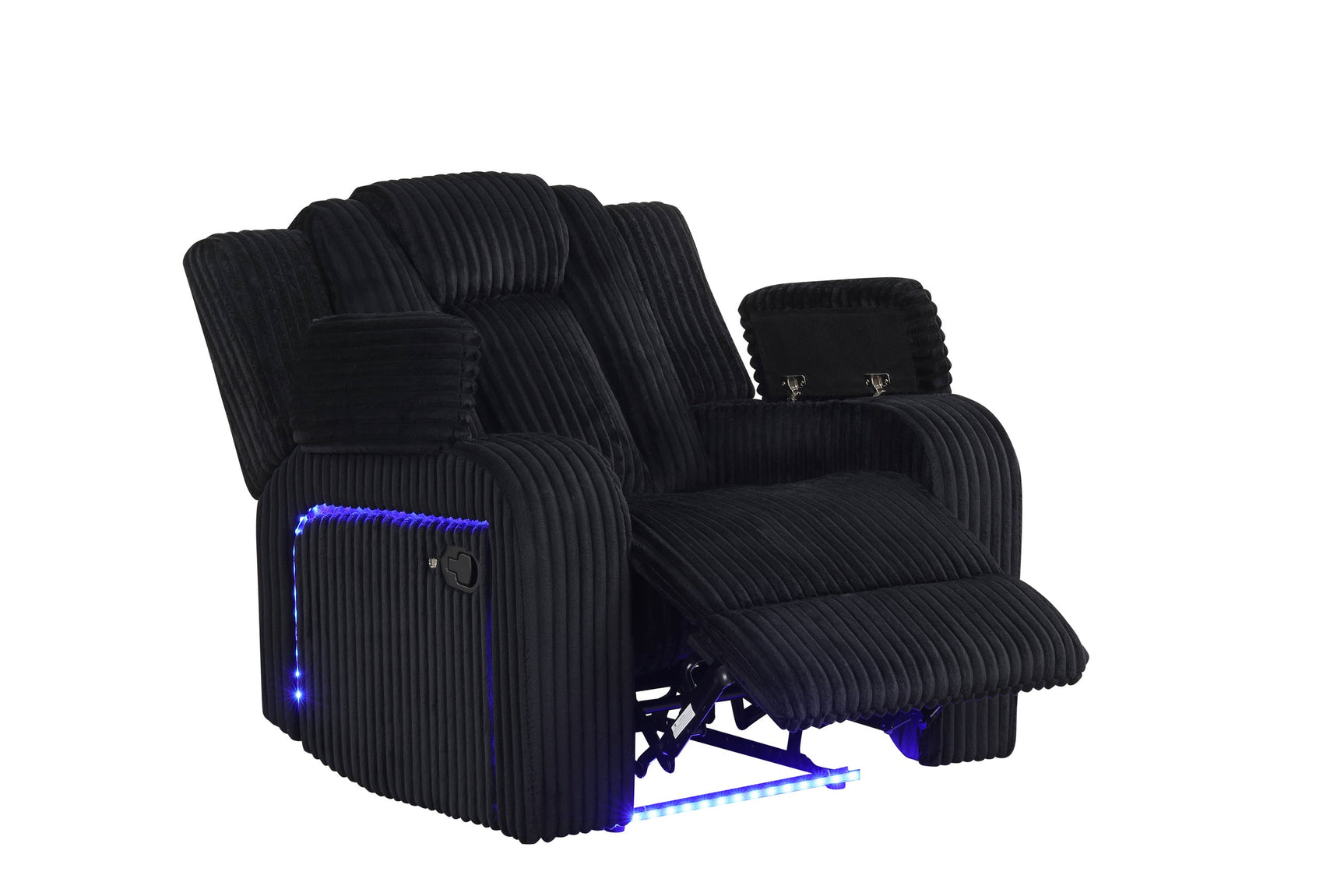 Side view showing fabric texture and reclining feature
