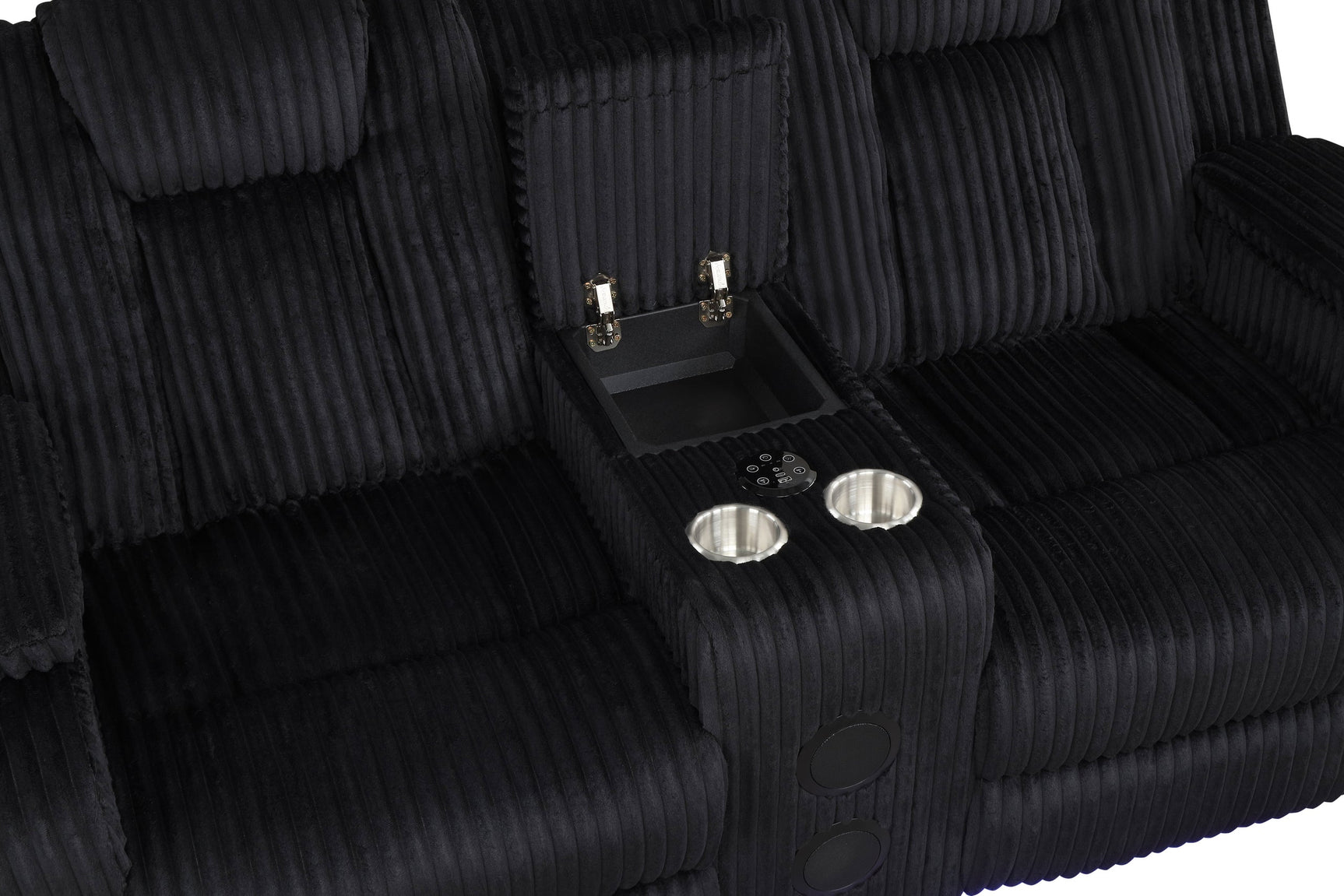 Reclined position of loveseat highlighting LED lights