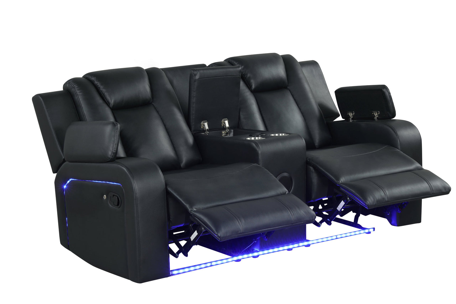 Close-up of sofa arm with cup holders and storage