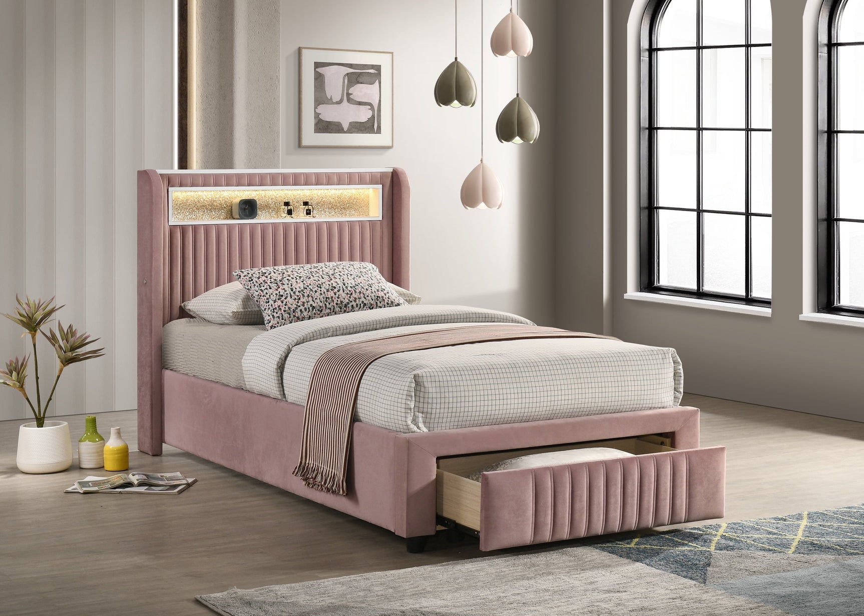 Pink fabric upholstered platform bed side angle