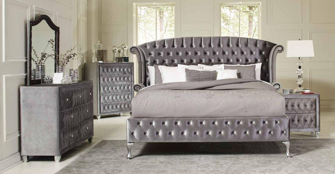 Diamond Palace gray velvet upholstered tufted wingback panel king bed side view