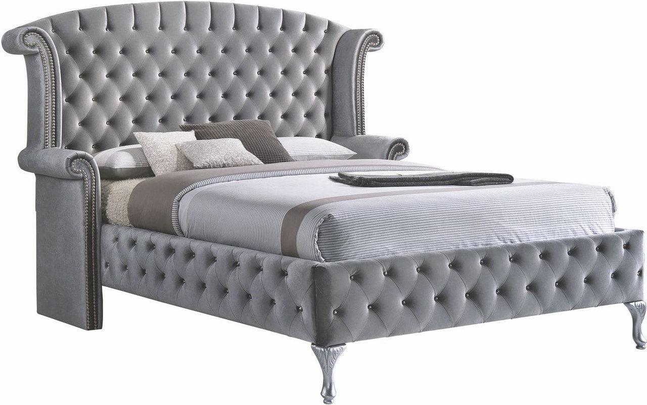 Diamond Palace gray velvet upholstered tufted wingback panel king bed close-up main view