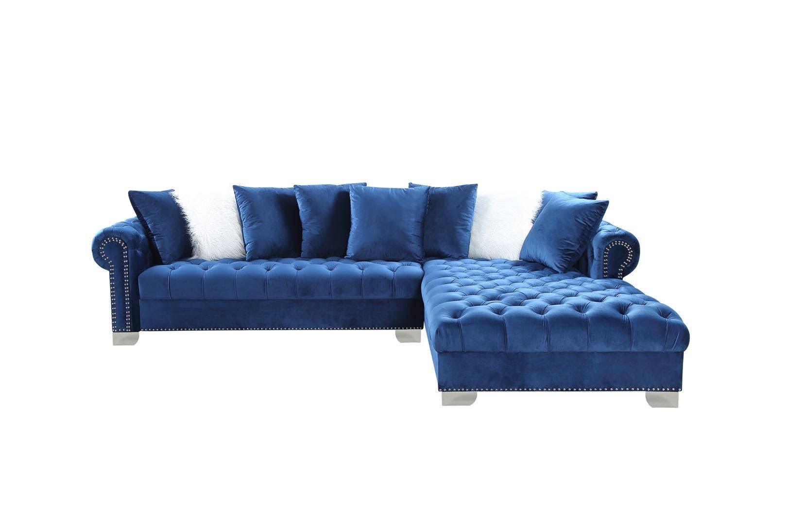 Detail of tufted back and nailhead trim on London Blue Velvet Sectional Sofa