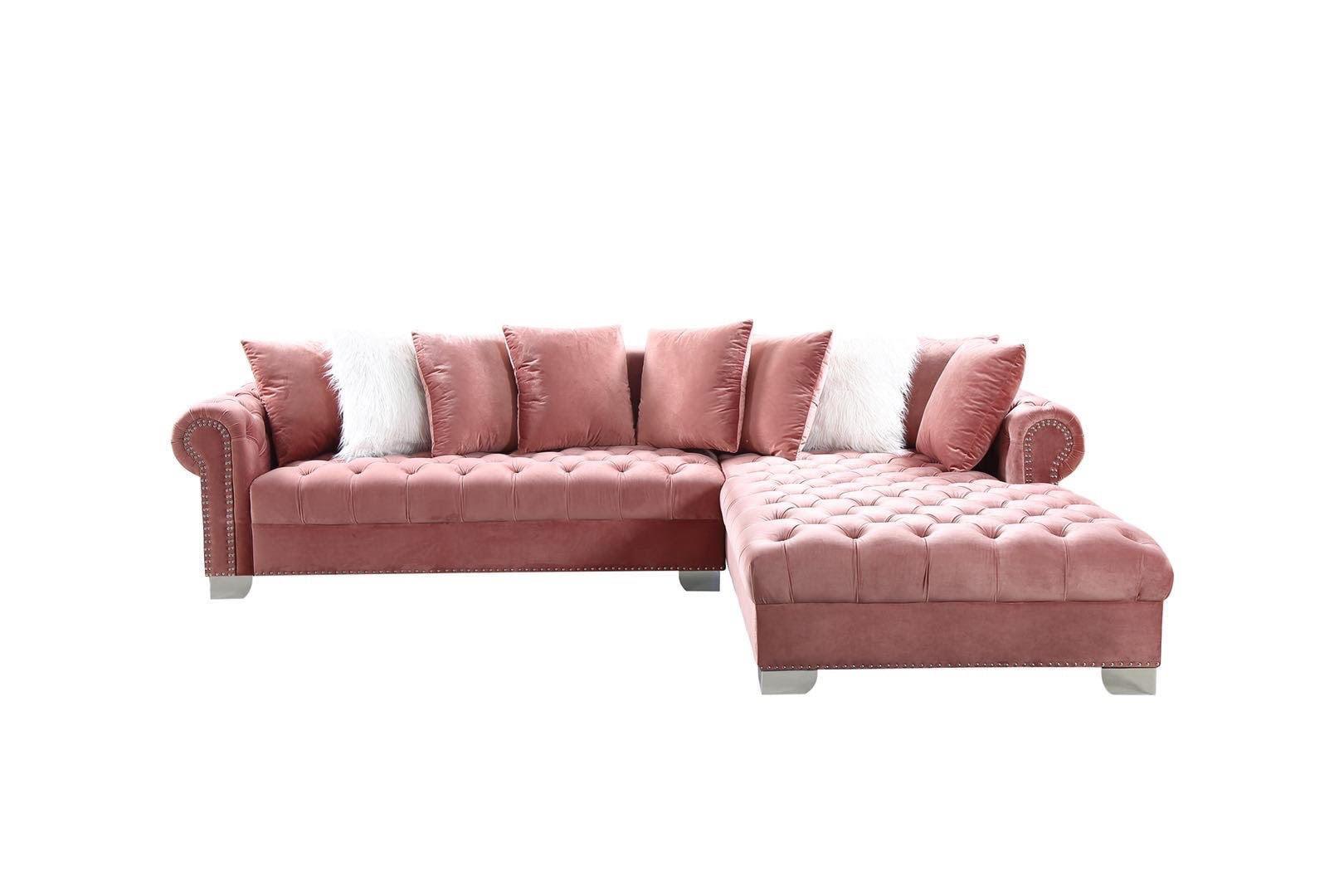 London pink velvet tufted oversized sectional sofa side view