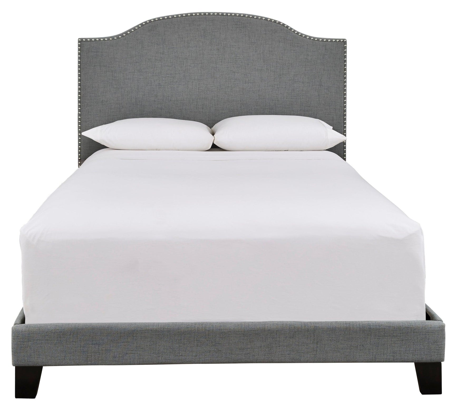 Adelloni gray platform queen bed side view with fabric upholstery