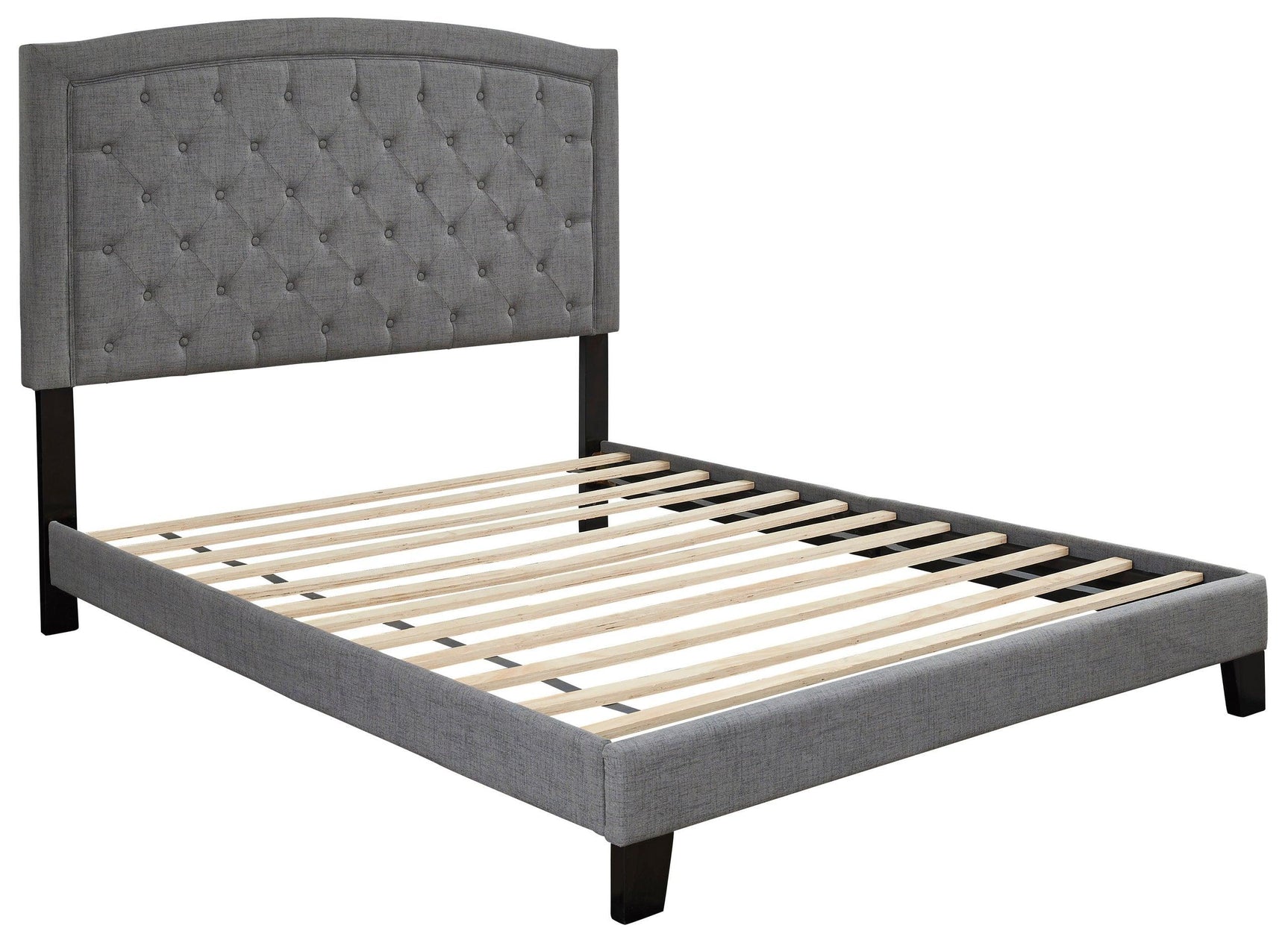 Close-up of tufted headboard on Gray Upholstered Platform Bed