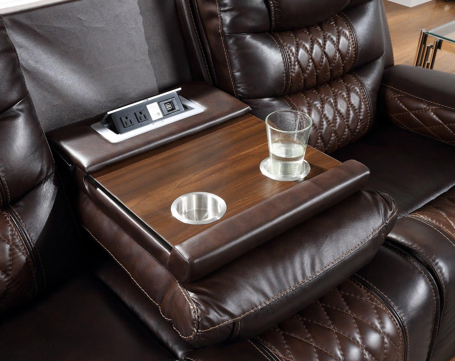 Harley Brown reclining loveseat showing power recline and charging features