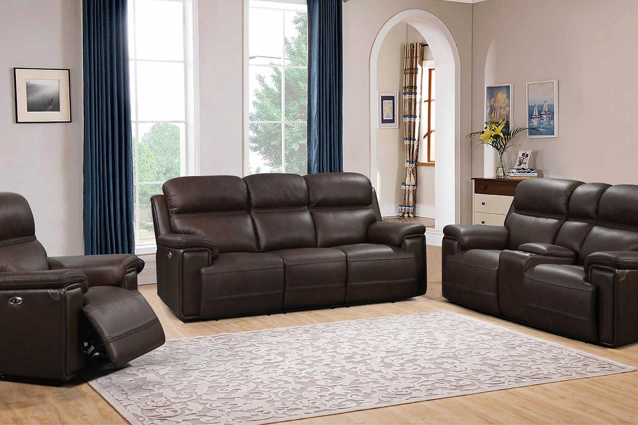 El Paso power reclining sofa in dark brown leather match angled view
