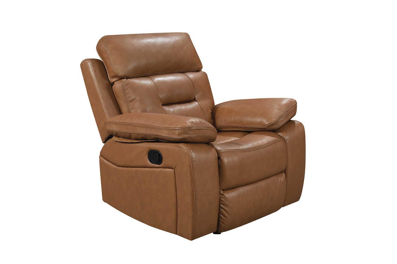 Close-up of recliner mechanism on Dallas Camel sofa