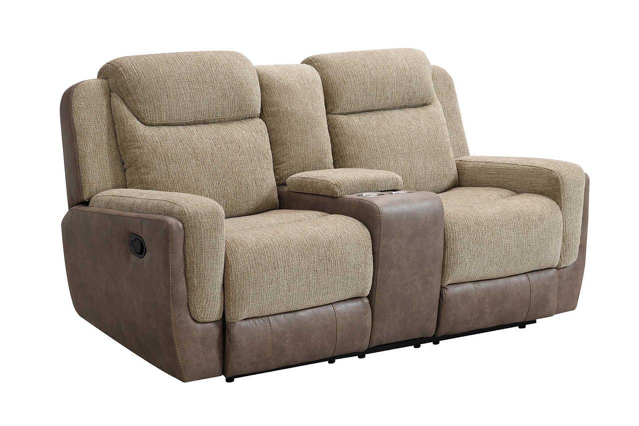 Loveseat console open showing storage and cupholder