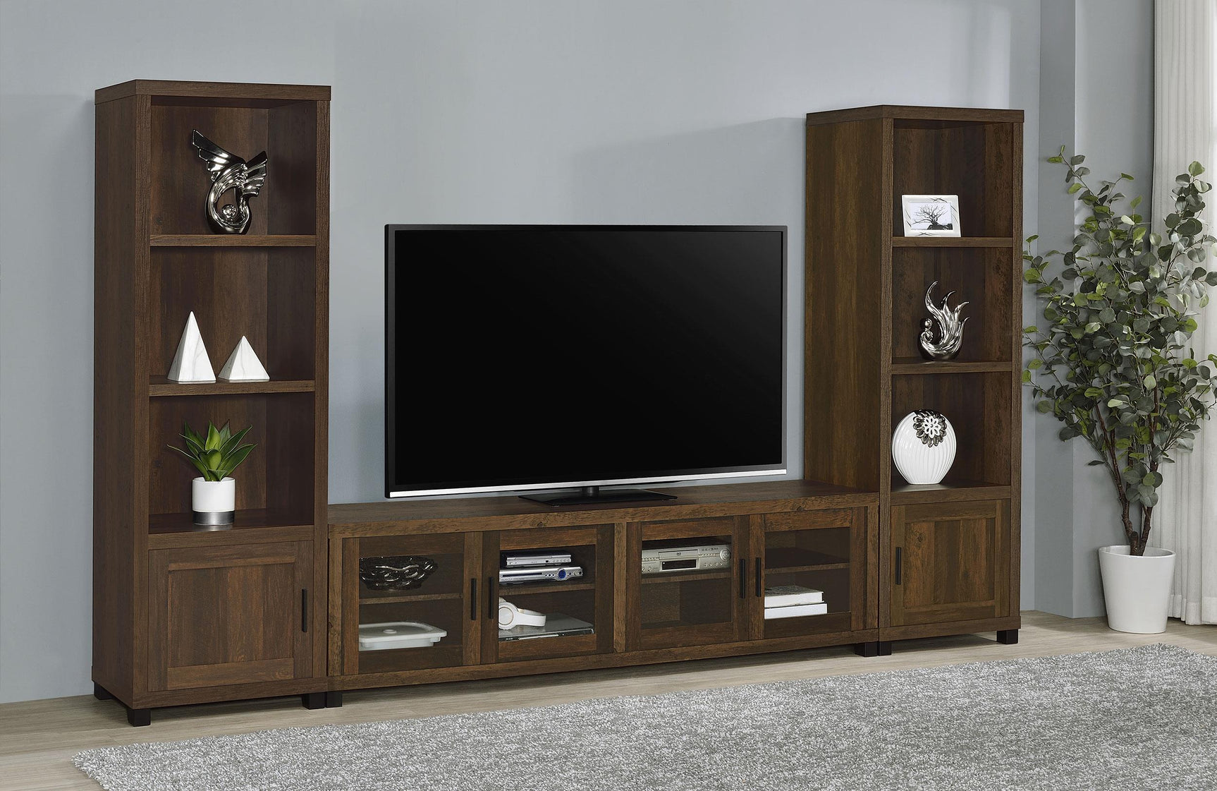Sachin entertainment center close-up of glass door and shelves