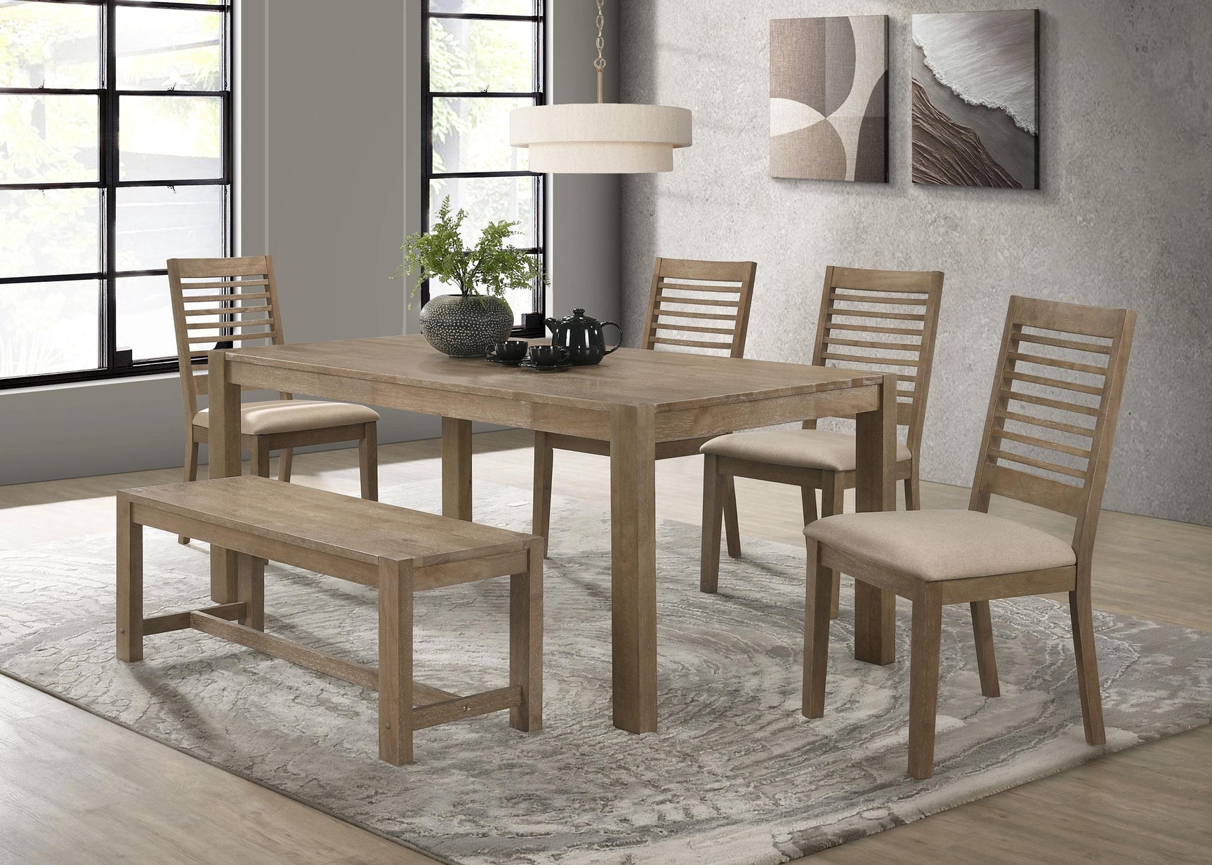 Scottsdale Wood Trestle Base Dining Bench top view washed brown