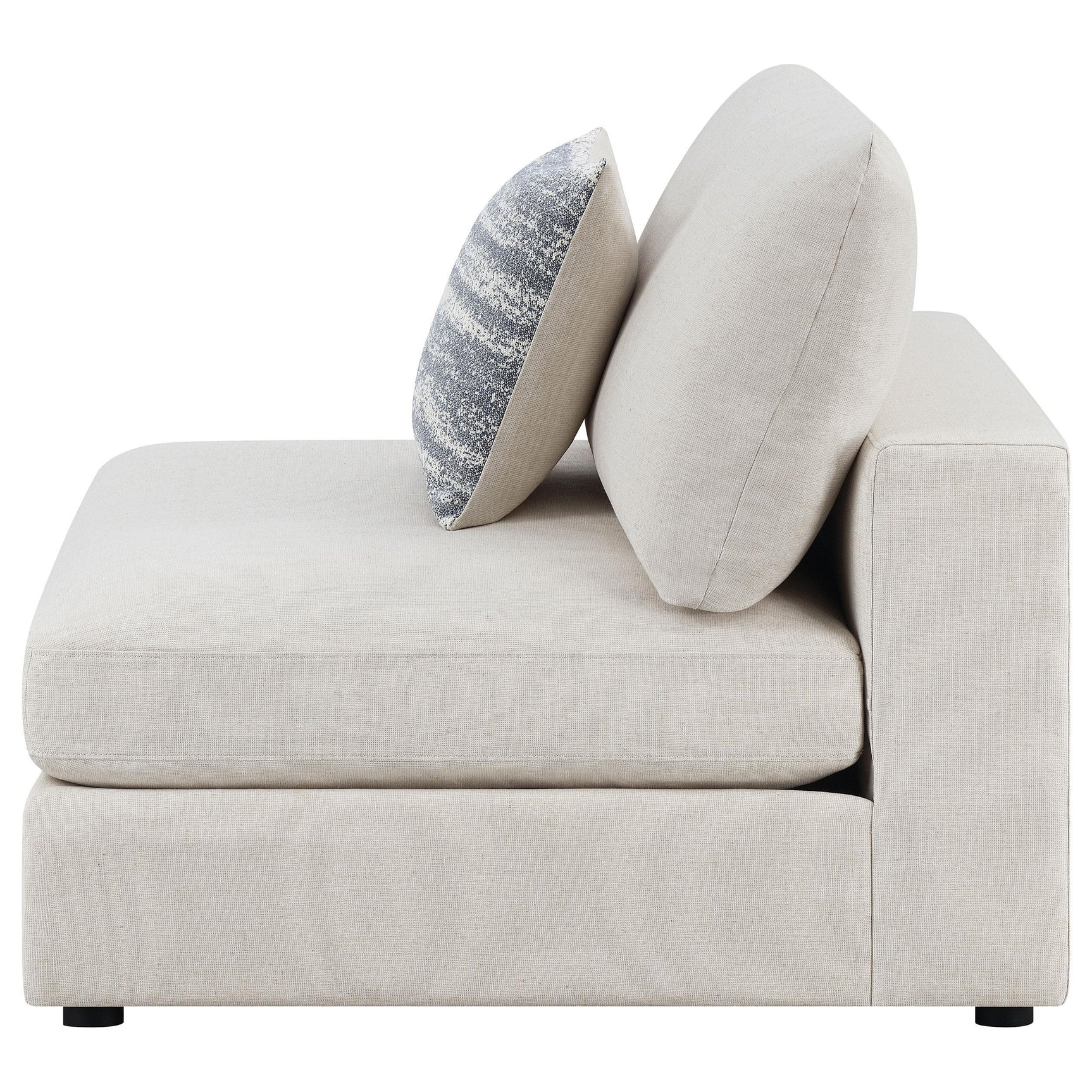 Serene beige upholstered armless chair back view