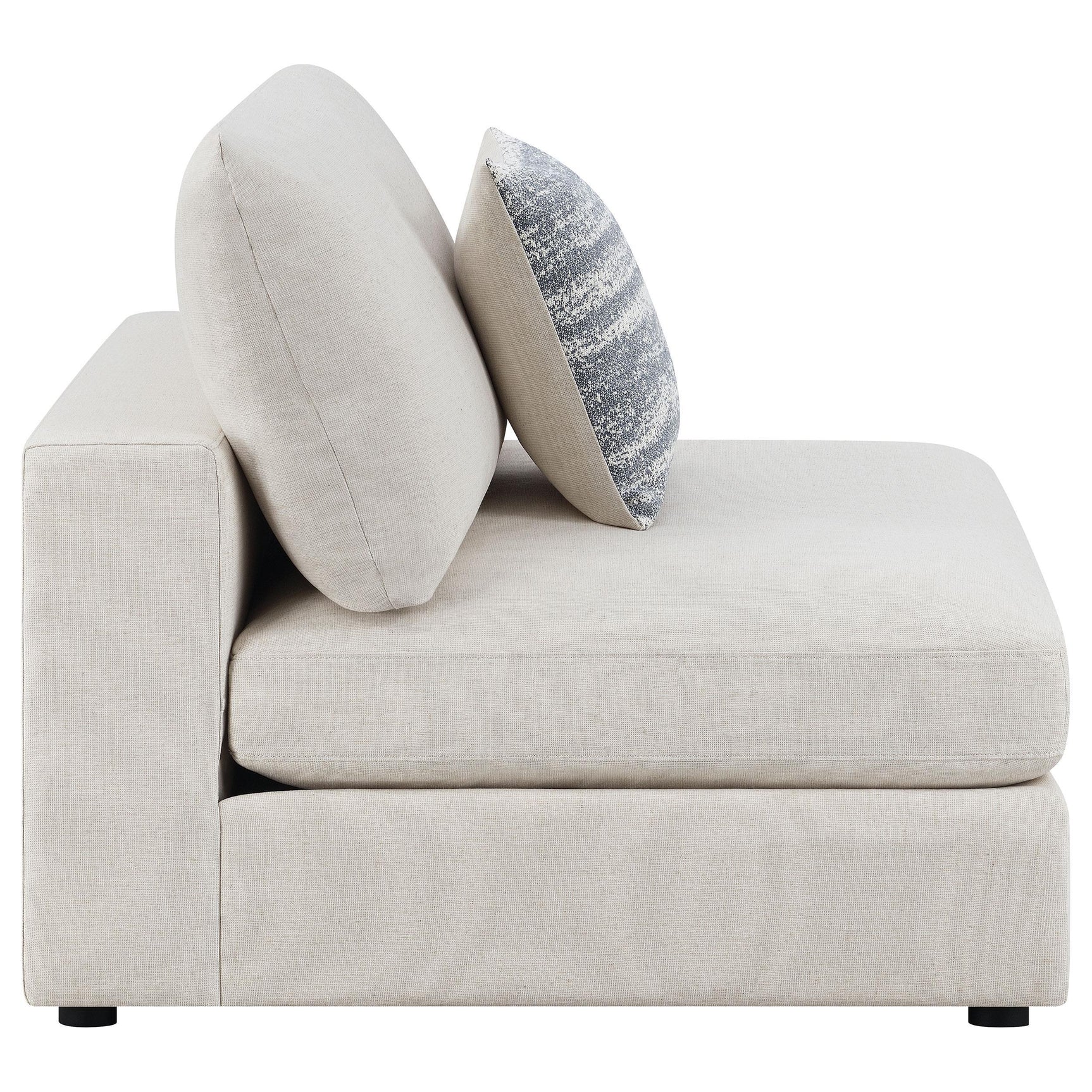 Serene beige upholstered armless chair in living room setting