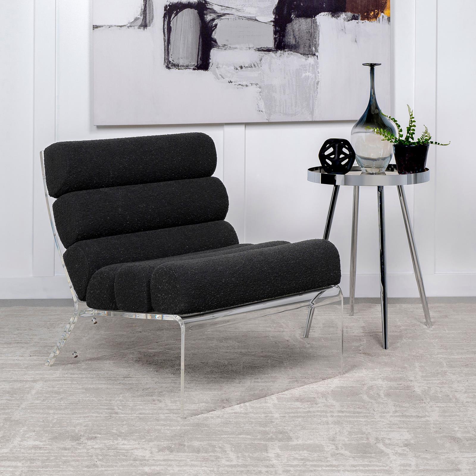 Side view of Serreta Boucle Armless Accent Chair showing clear acrylic frame