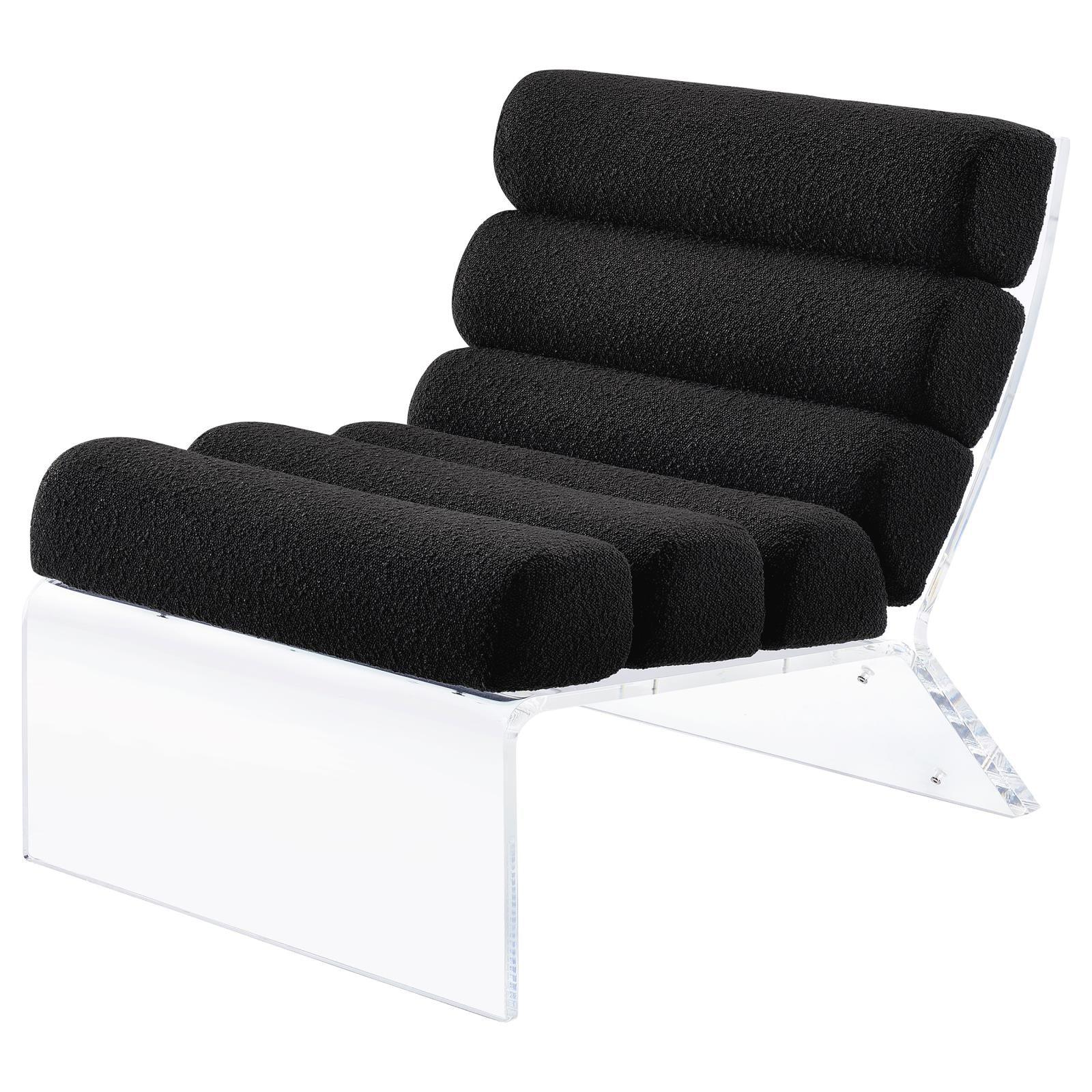 Detail of clear acrylic frame and feet on Serreta Boucle Accent Chair