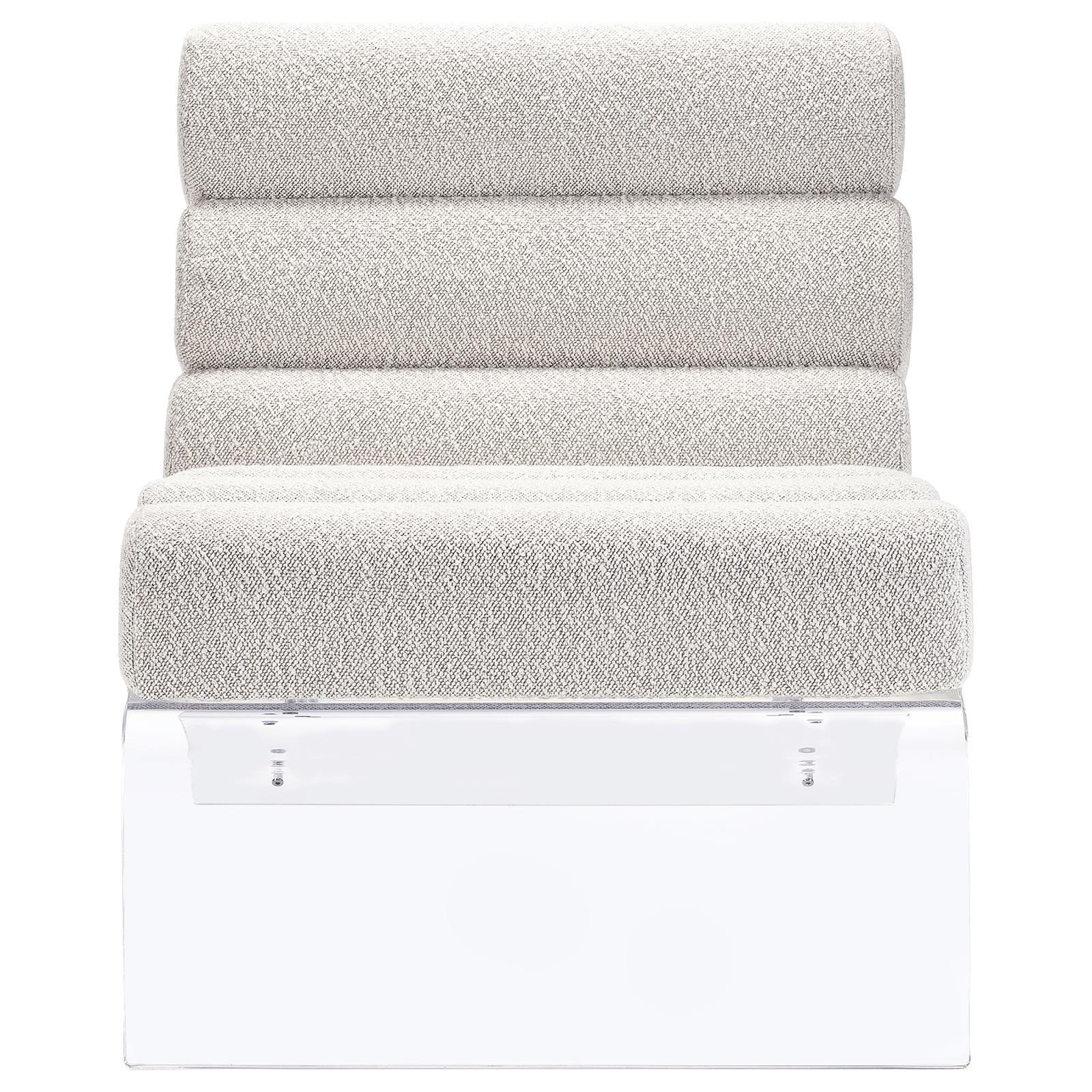Close-up of ivory bouclé upholstery and horizontal channeling on Serreta Accent Chair
