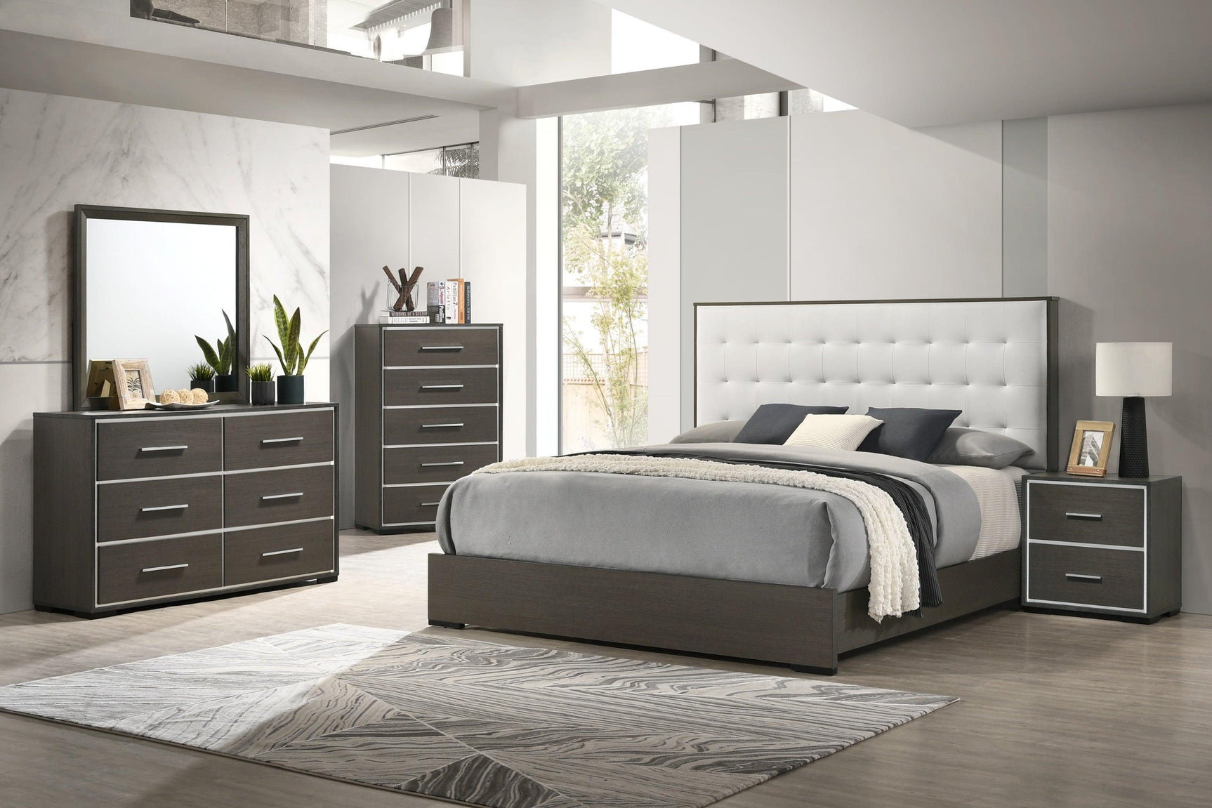 Sharpe Full Bed footboard detail in white fabric upholstery
