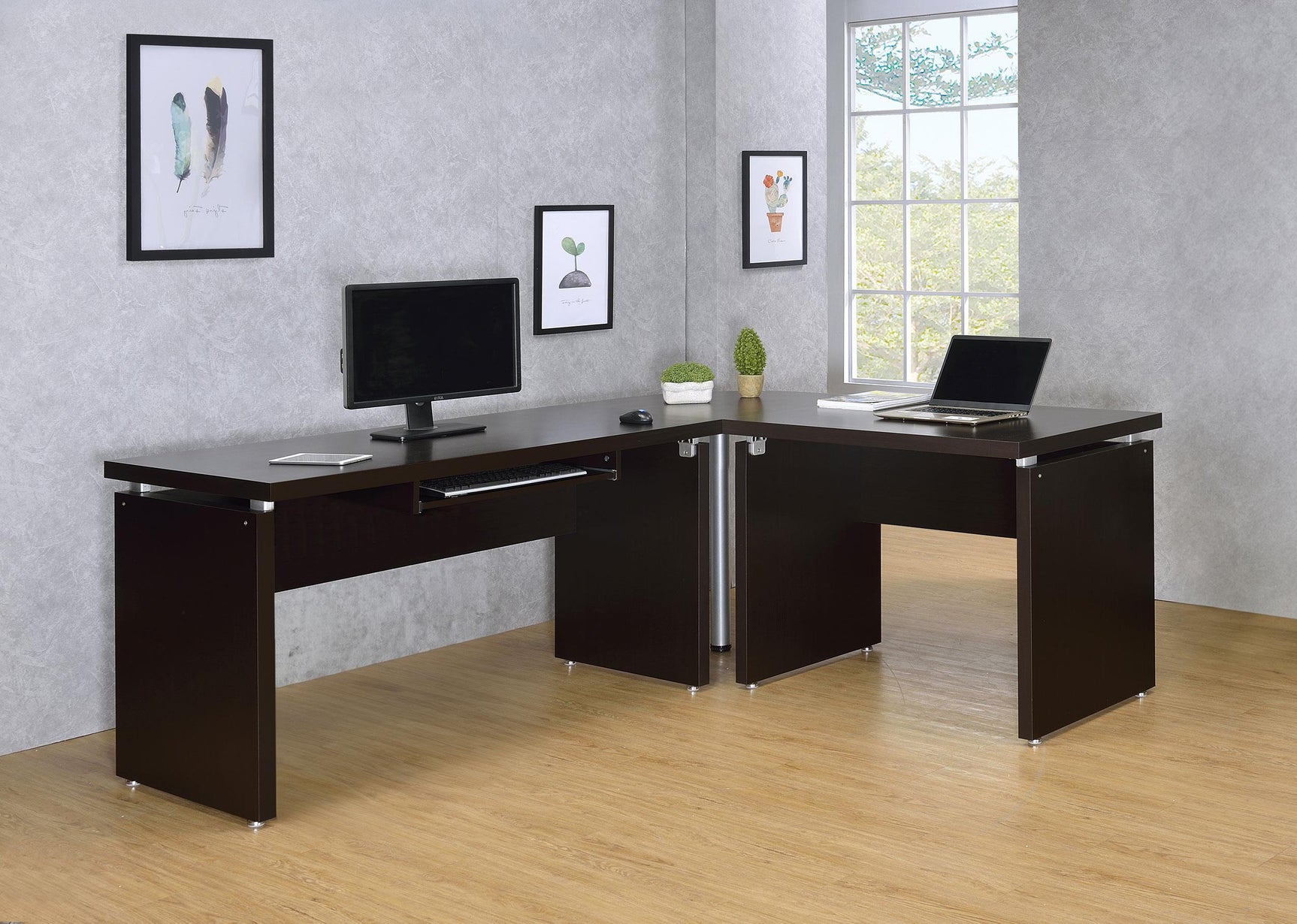 Skylar L-Shape Computer Desk cappuccino finish, side angle