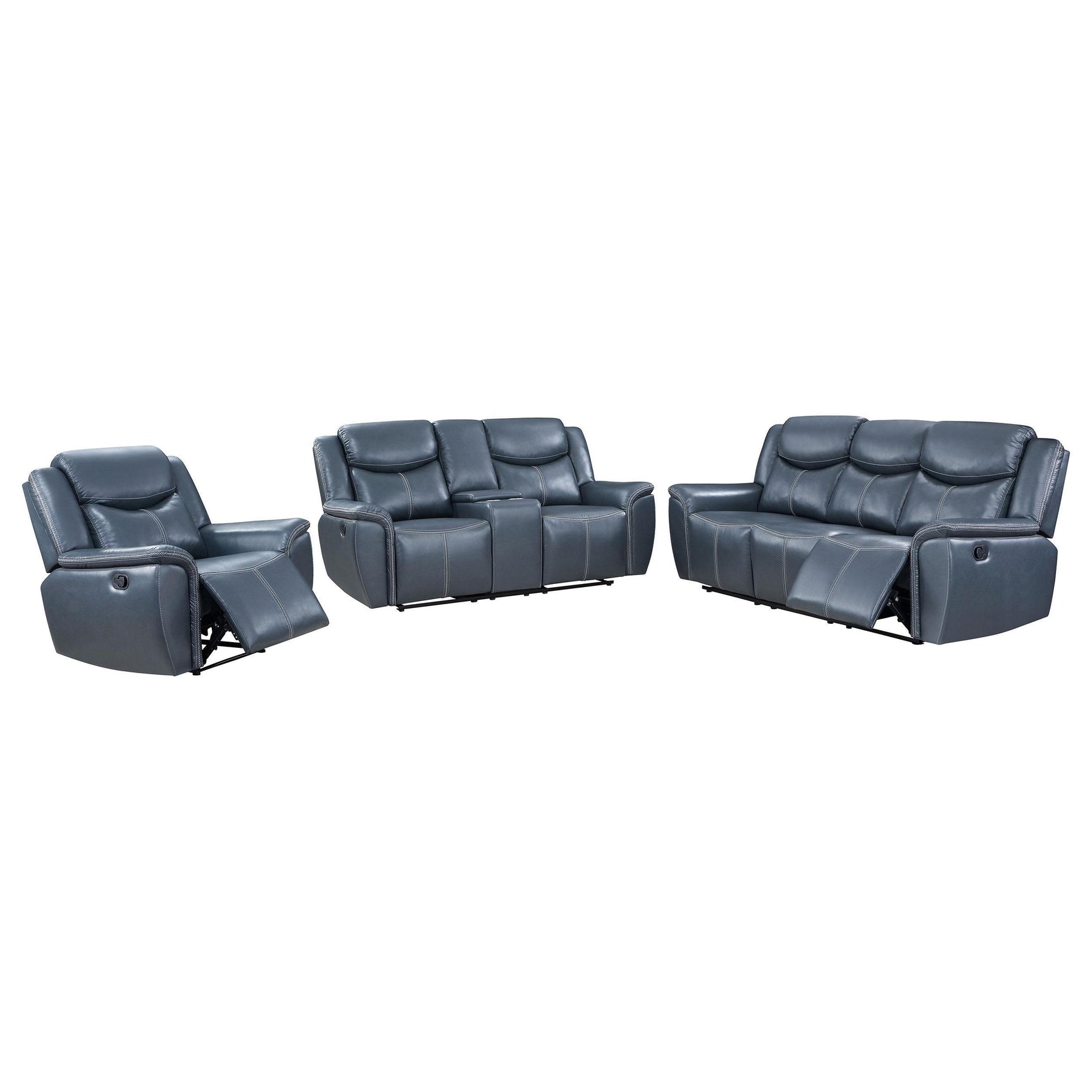Blue upholstered sofa with drop-down console and cup holders