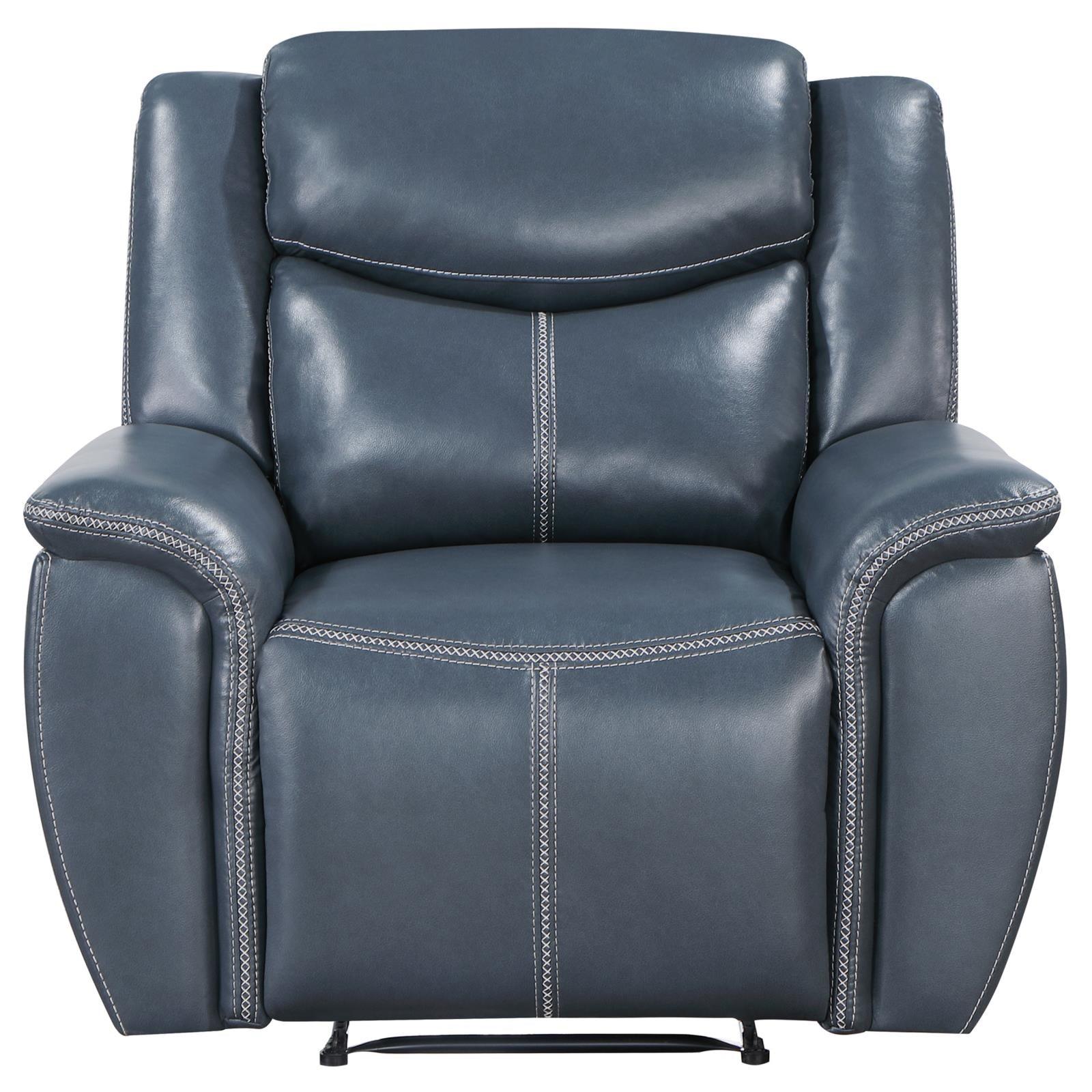 Close-up of blue leatherette upholstery on Sloane recliner