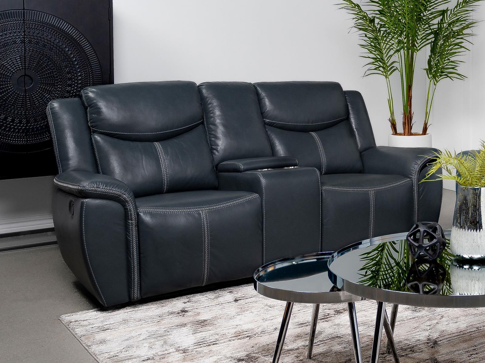 Sloane blue loveseat showing console with cup holders and USB ports