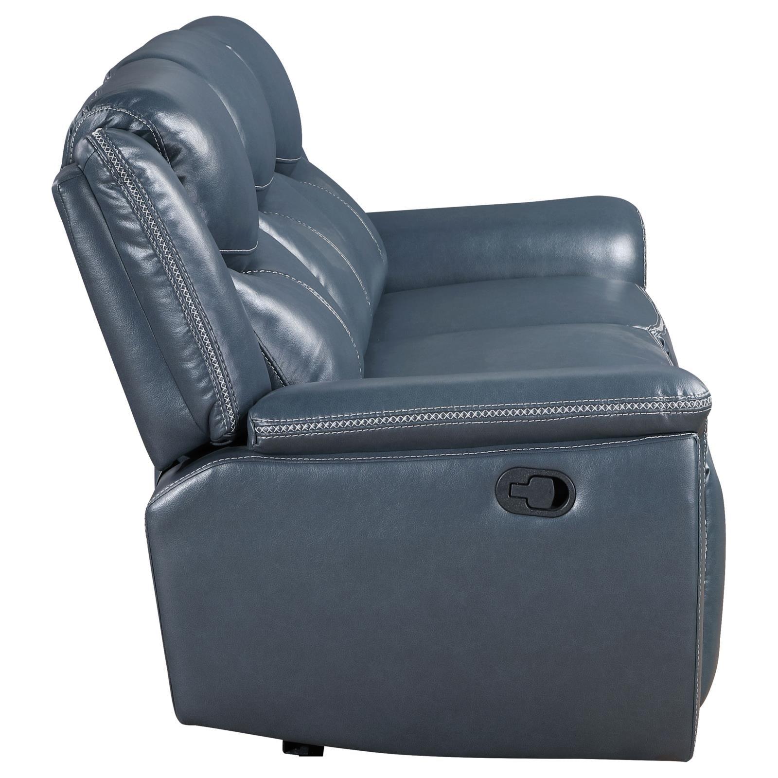 Three-seat wide view of Sloane reclining sofa in blue leatherette